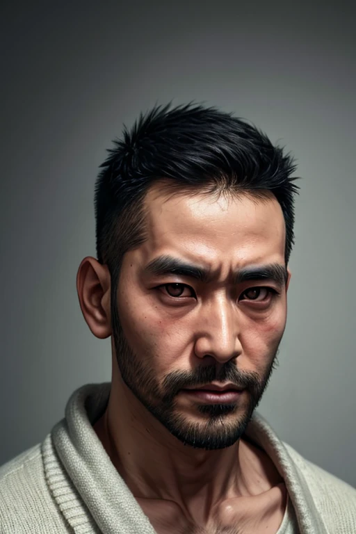 Oriental man with sharp eyes,oriental male stubble,middle aged,killer