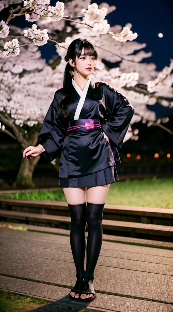 masterpiece,highest quality,1 girl,perfect face,looking at the camera,black hair,long hair,hairstyle with bangs,Body with good style,blush,kimono,Jet black kimono,mini skirt,panty shot,thighs,Thighhighs,fantastic scenery,night,moon,cherry blossoms