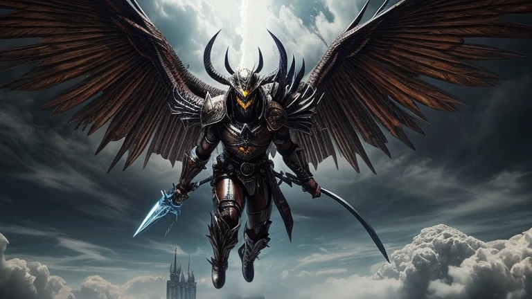 "As I walked through the city, I glanced up at the sky and was taken aback by the sight of a majestic demon soaring through the air. It was adorned in a golden suit of war armor, with intricate black details that shimmered in the sunlight. The demon gripped a massive sword in its hands, a weapon so colossal it seemed to defy the laws of physics. Its imposing presence and ability to fly left everyone in awe. I had never witnessed anything quite as awe-inspiring before. Intrigued by the story behind this demon and its intentions, I made the decision to trail it, determined to uncover the secrets and unravel the mystery."
I hope you like this specific prompt in English! If you need further assistance or have any other requests, feel free to let me know!