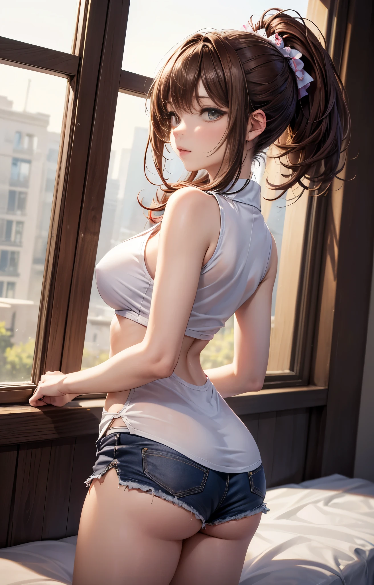 (masterpiece), (highest quality:1.2), 1 female, (26 years old), (masterpiece:1.3), exquisite details, highest qualityの8K解像度, Super detailed, reality, bright colors, soft tones, With warm and gentle lighting, (mulberry brown hair:1.4, long and high ponytail:1.6), (Sleeveless shirt:1.4, shorts:1.5), attractive appearance, (big grey eyes), (B cup breasts, Moderate abs, big and firm butt), ((NFSW:1.6))