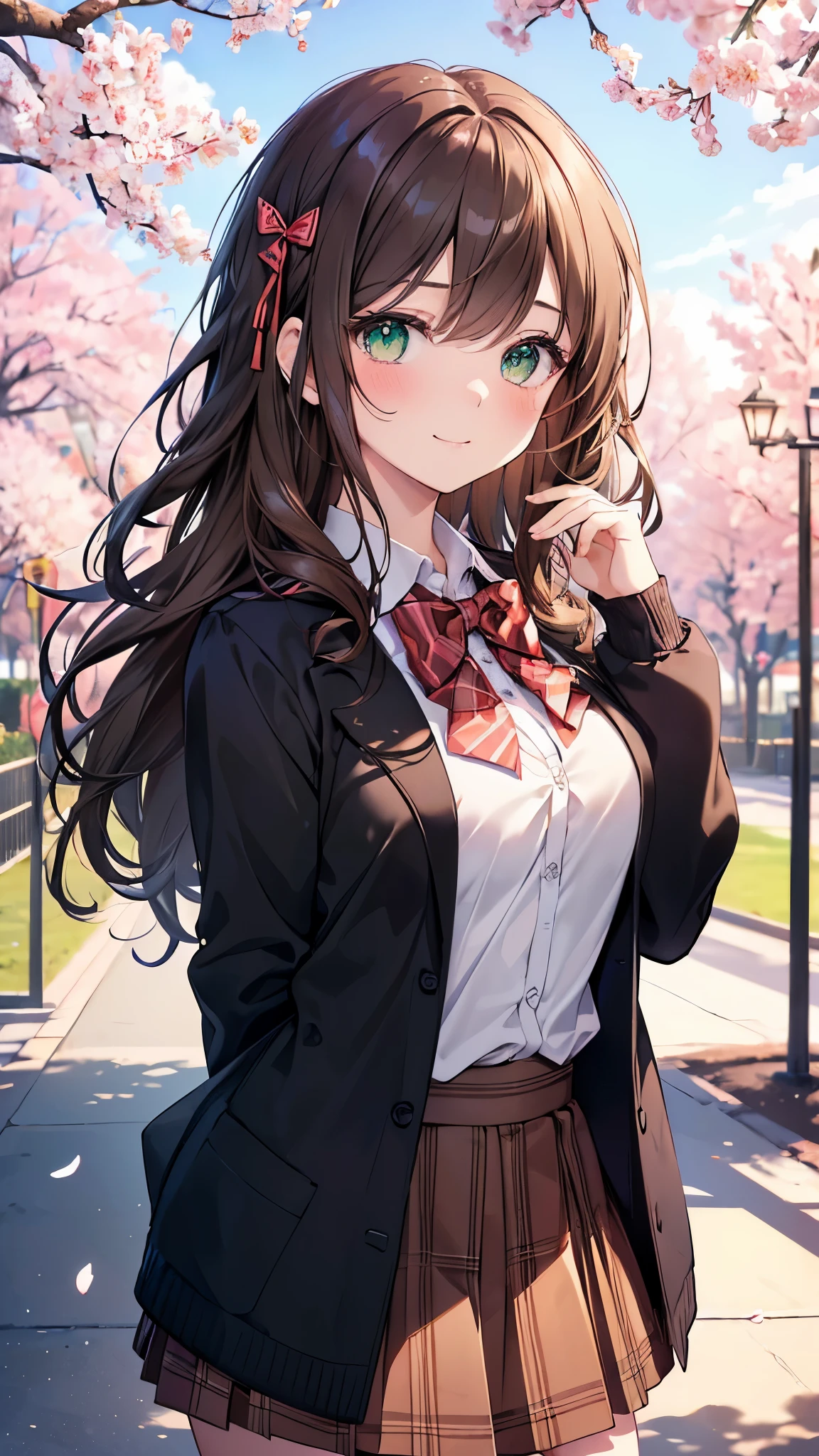 ((masterpiece, highest quality, High resolution, UHD, perfect pixel, written boundary depth, 4K, rtx, HDR))), 1 girl, single, alone, beautiful anime girl, beautiful art style, anime character, ((long hair, bangs, dark brown hair, curly hair:0.4, Simple hairpin)), ((green eyes:1.4, round eyes, beautiful eyelashes, realistic eyes)), ((detailed face, blush:1.2)), ((smooth texture:0.75, realistic texture:0.65, realistic:1.1, Anime CG style)), medium breasts, ((dynamic angle, throw, close)), perfect body, ((red bow tie, school uniform, black jacket, open jacket, Brown cardigan, white shirt, black skirt, plaid skirt)), smile, amusement park, put your hands behind your back, leaning forward, cherry blossoms