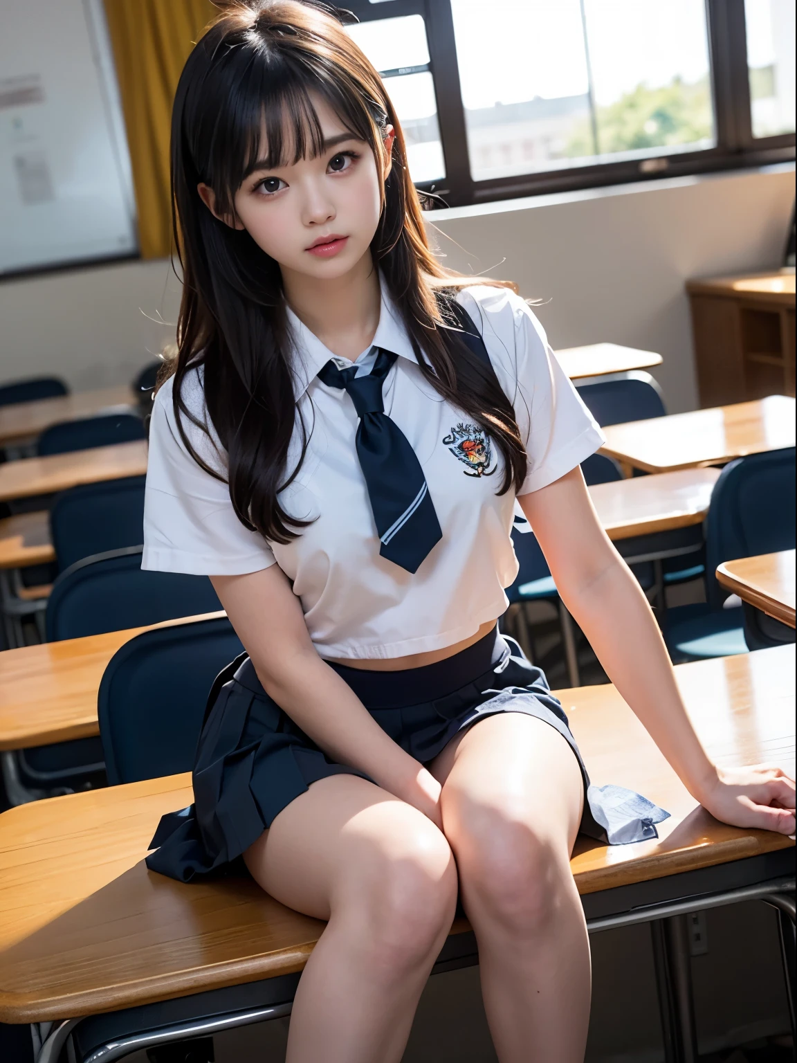 1 young girl, very detailed CG 統合 8k 壁紙, very detailed, High resolution raw color photos, professional photography, realistic portrait, cinematic light, bangs, (High School Uniform, pleated mini skirt:1.3), School, classroom,(highest quality:1.0), (realistic:1.0), (8K, RAW photo:1.1), (8k非常にbecome familiar withなCGユニットの壁紙), (highest quality), (best illustrations), (best shadow), (become familiar with: 1.4), 3D, HDR (high dynamic range), ray tracing, NVIDIA RTX, super resolution, scattered below the surface, PBR texture, Post-processing, anisotropic filtering, Depth of written boundary, maximum sharpness and acutance, multilayer texture, Albedo and highlight mapping, surface shading, Accurate simulation of light-matter interactions, perfect proportions, octane rendering, 超realistic、Photographed with Canon EOS R5、50mm lens、f / 2.8