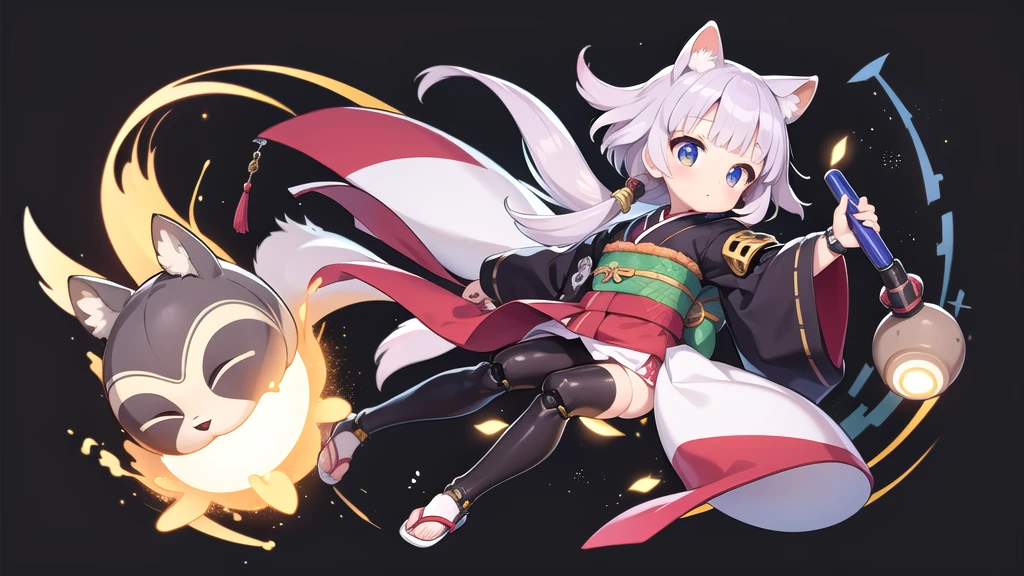 no background、girl、((mechanical limbs))、((10 years old))、(Kemonomimi(Raccoons))、(one short tail(Raccoons))、kimono