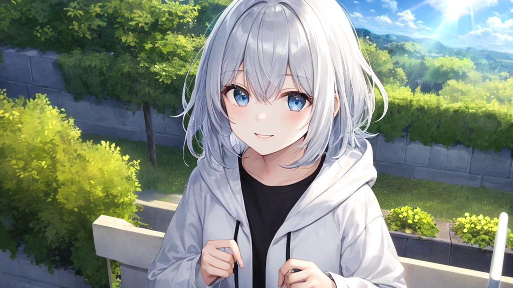 super high quality, with a girl, 20-year-old, とてもshort hair, long bangs between the eyes, pale blue eyes , blue sky, sunlight, very detailed,(masterpiece、highest quality)、alone、gray hair、smile、fantasy, silver hair, black eye, beautiful eyes,, ecstasy, charm, be smitten with audience, short hair,blue sky , sunlight,fantasyな風景,looking down from above、white hoodie、black shirt、flower garden