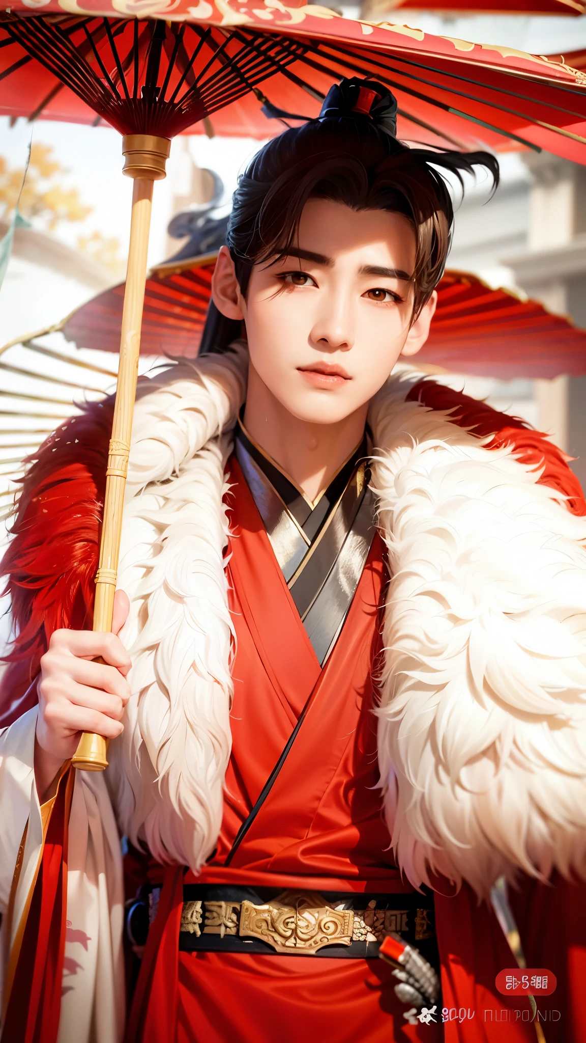 Oil painting style texture, wearing red clothes, draped in a long white cape, Asian man holding an umbrella, inspired by Zhang Han's Cai Xukun, Kurose Jinyao, beautiful androgynous prince, inspired by Bian Shoumin, exquisite hermaphroditic prince, handsome prince, inspired by Wu Zhun Shi Fan, inspired by Zhang Senyao, inspired by Huang Gongwang, watermark removed in the lower right corner