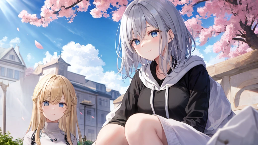 super high quality, with a girl, 20-year-old, とてもshort hair, long bangs between the eyes, pale blue eyes , blue sky, sunlight, very detailed,(masterpiece、highest quality)、alone、gray hair、smile、fantasy, silver hair, black eye, beautiful eyes,, ecstasy, charm, be smitten with audience, short hair,blue sky , sunlight,fantasyな風景,looking down from above、white hoodie、black shirt、flower garden、cherry blossoms falling