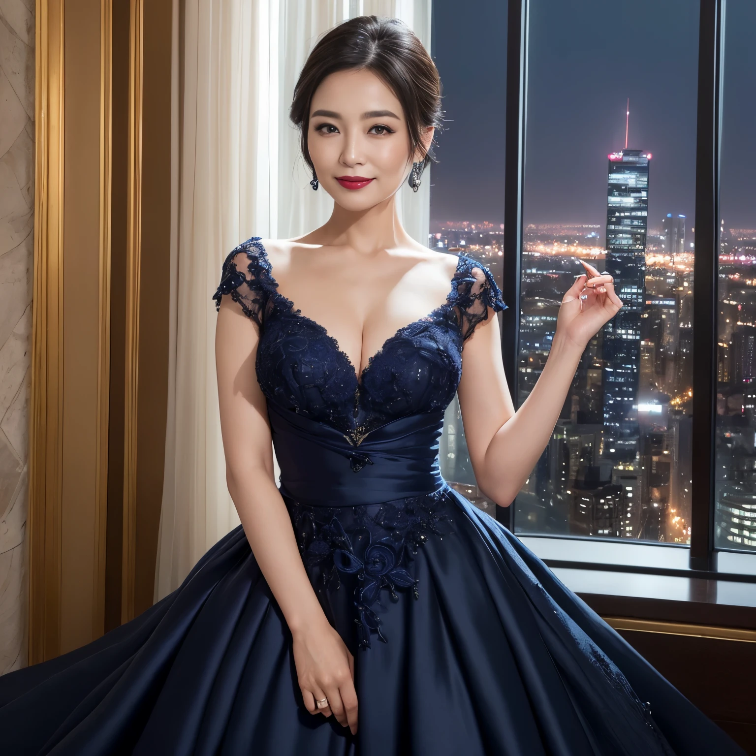((highest quality、muste piece、8K、Highest image quality、hyper realism))、1 45 year old mature woman、(Wrinkled face:1.1)、(wrinkles around the eyes:1.1)、(nasolabial folds:1.1)、short hair、Mature woman's upper body photo、High-class high-rise condominium with 45 floors above ground、High-class high-rise apartment at night、Exclusive interior、She is wearing a high class and elegant navy blue see-through gown.、Intricate and luxuriously decorated dresses、perfect makeup、dark lipstick、(A dazzling and complex night view seen from the huge windows:1.1)、a sad smile looking at me、photo from the waist up、(perfect anatomy:1.1)、(perfect hands:1.1)