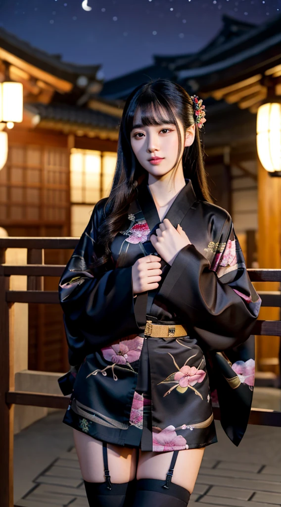 masterpiece,highest quality,1 girl,perfect face,looking at the camera,black hair,long hair,hairstyle with bangs,Body with good style,blush,kimono,Jet black kimono,mini skirt,panty shot,thighs,Thighhighs,fantastic scenery,night,moon,cherry blossoms