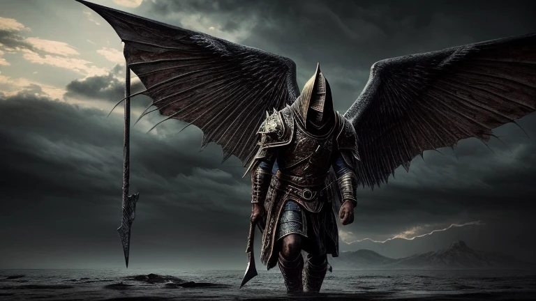 As I strolled through the desolate city, my gaze drifted towards the somber sky. To my astonishment, a formidable demon emerged, soaring through the air with an air of melancholy. Its body was encased in a golden suit of war armor, adorned with intricate black accents that mirrored the darkness within its soul. Clutched tightly in its hands was a colossal sword, a burden that seemed to weigh heavily on its weary shoulders.
 
The demon's flight was not one of triumph, but of eternal torment. Each beat of its wings echoed with a mournful cry, as if the weight of its existence was too heavy to bear. Its eyes, once filled with fiery determination, now held a haunting emptiness, reflecting the countless battles it had fought and the countless souls it had claimed.
 
As I watched this tragic figure glide through the heavens, a sense of sorrow washed over me. I couldn't help but wonder what had led the demon to this path of eternal solitude and anguish. Was it a fallen hero, cursed to forever carry the burden of its past deeds? Or perhaps it was a tormented soul, seeking redemption in a world that had long forsaken it.
 
Lost in my thoughts, I followed the demon's melancholic flight, drawn to its enigmatic aura. In its presence, I felt a strange kinship, as if our souls shared a common longing for solace amidst the chaos of existence. And so, I embarked on a journey to unravel the mysteries that shrouded this tormented being, hoping to find answers and, perhaps, a glimmer of hope in the depths of its sorrow.
 
I hope this extremely specific, realistic, and melancholic prompt in English captures the essence you were looking for. If you have any more requests or need further assistance, feel free to let me know.