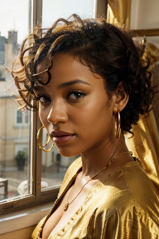 chef-d'artwork, best quality, film encore, 1fille africaine, curly hair, Piercing gazes, yeux bleus, nez fin, big lips, lipstick, golden earrings, chambre éclairée, window open, brillant, heureux, soft and warm lighting, coucher de soleil, (Sparks:0.7)