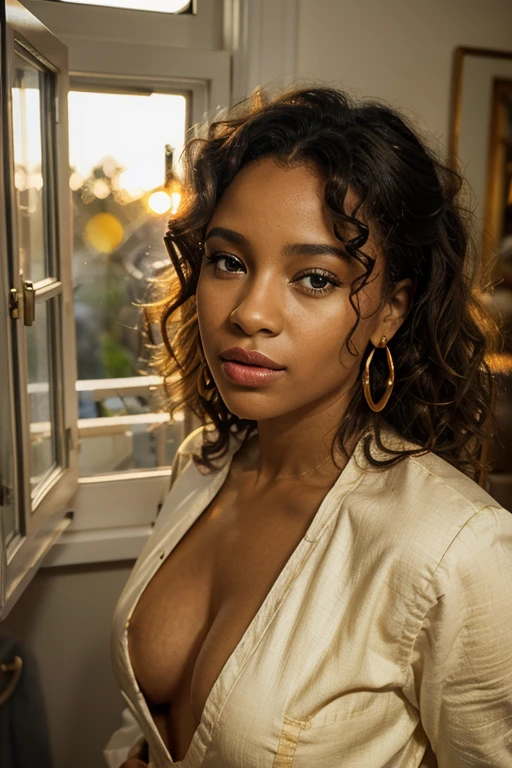 chef-d&#39;artwork, best quality, film encore, 1fille africaine, curly hair, Piercing gazes, yeux bleus, nez fin, big lips, lipstick, golden earrings, chambre éclairée, window open, brillant, heureux, soft and warm lighting, coucher de soleil, (Sparks:0.7)