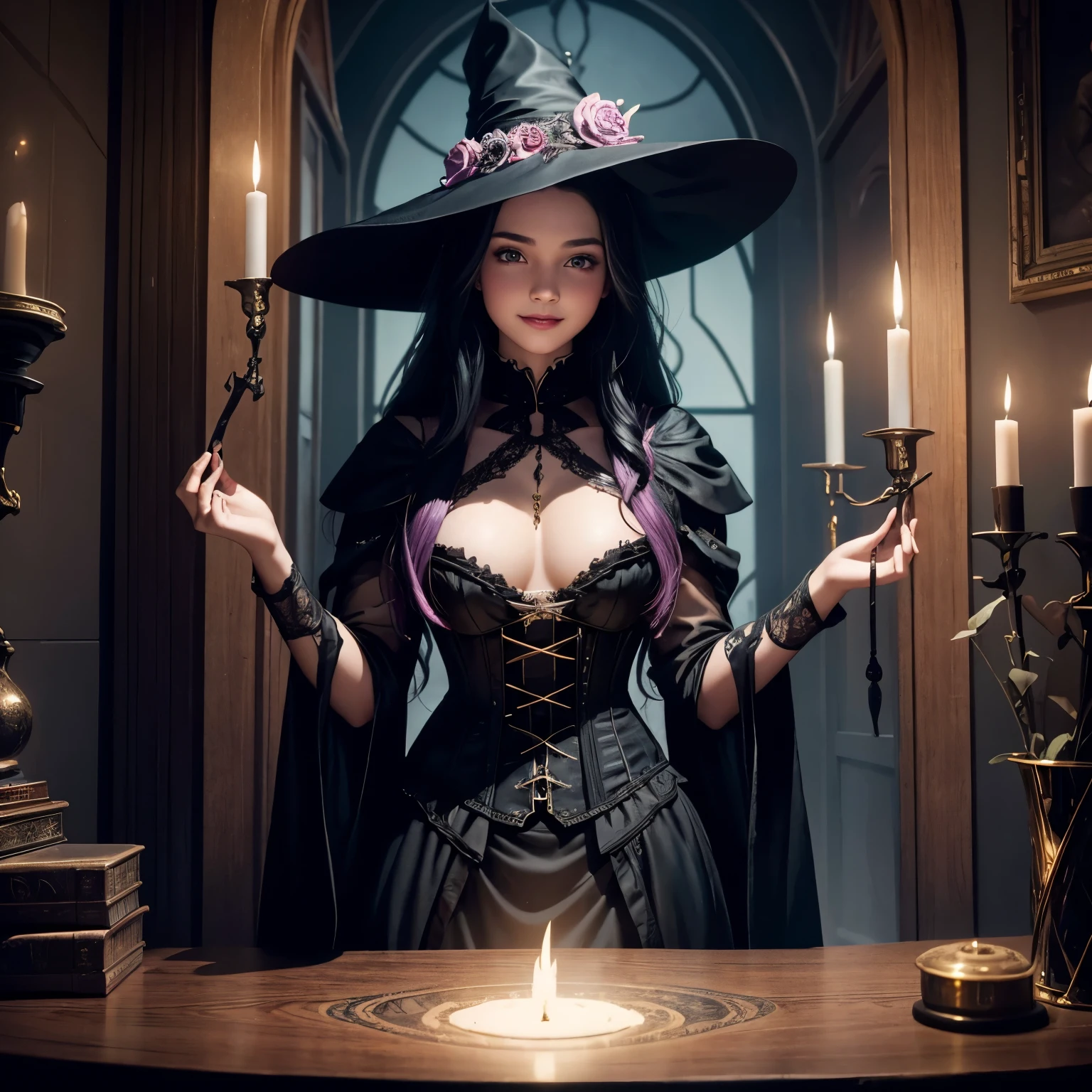 A age boy joins a witch coven and magically transformed into a cute female witch apprentice, experiencing a gender-bending ritual. She now has enchanting pink eyes and long black hair. Her pretty face has soft feminine features and she has lipstick gloss applied on her lips. This new girl is joyful and smiling. She absolutely loves her new identity, embracing the gift of femininity bestowed upon her. Her appearance is striking, adorned in a stunning black Victorian dress with intricate details, a corset and voluminous skirt fitting for a maiden of witchcraft. She also wears a pair of high heels. Completing the look, she wears a pointy hat, symbolizing her newfound magical abilities. The artwork depicts the new girl surrounded by an aura of magic and mystery, radiating an aura of confidence and empowerment. The image showcases an artistic style that combines elements of fantasy and realism, highlighting the intricate details of the boy's transformation into a girl. The color palette leans towards pastel shades, enhancing the whimsical and enchanting atmosphere. The lighting in the scene is soft and dreamy, casting a captivating glow on the girl and emphasizing the magical elements. This artwork is of the best quality, with ultra-detailed features and a photorealistic depiction. It captures the imagination and evokes a sense of wonder, inspiring viewers to embrace their own unique identities and embrace the magic within themselves.