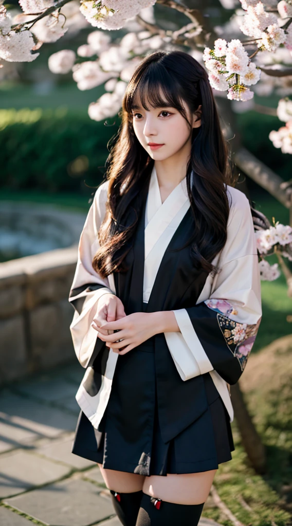 masterpiece,highest quality,1 girl,perfect face,looking at the camera,black hair,long hair,hairstyle with bangs,Body with good style,blush,kimono,Jet black kimono,mini skirt,panty shot,tuck up,thighs,Thighhighs,fantastic scenery,night,moon,cherry blossoms
