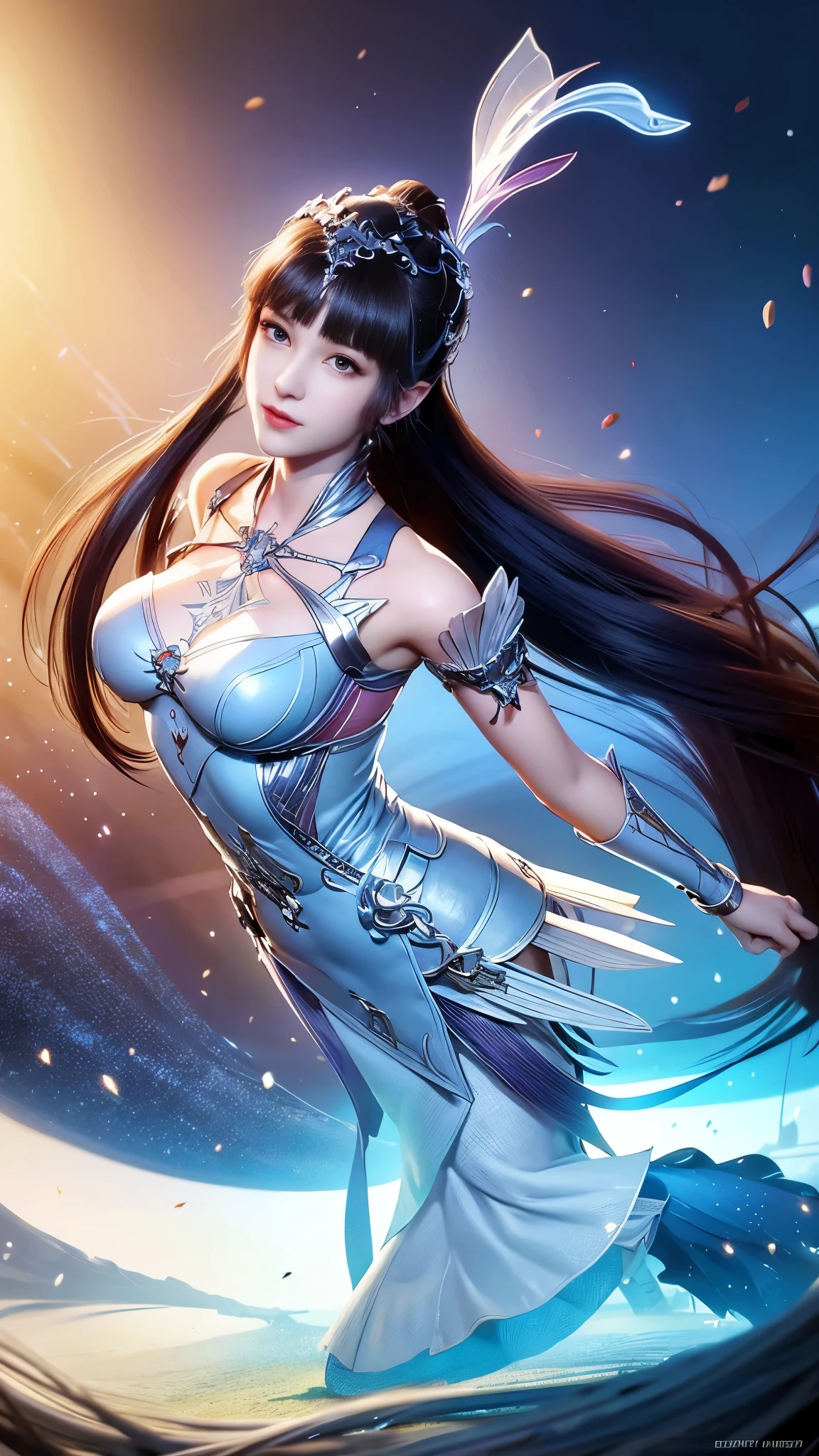 Close-up of a woman in a silver blue dress, Cheng Weipan Art Station, Xiuxian Technology Sense, detailed fantasy art, Stunning character art, Epic and beautiful character art, beautiful armor, Extremely detailed artistic sprouts, Detailed digital animation art, Art site Pixiv on Artgerm, Armor girl, Exquisite and intricate headdresses and jewelry,Big breasts,big breasts,expose breast,huge breast,Full body display,Full body display,