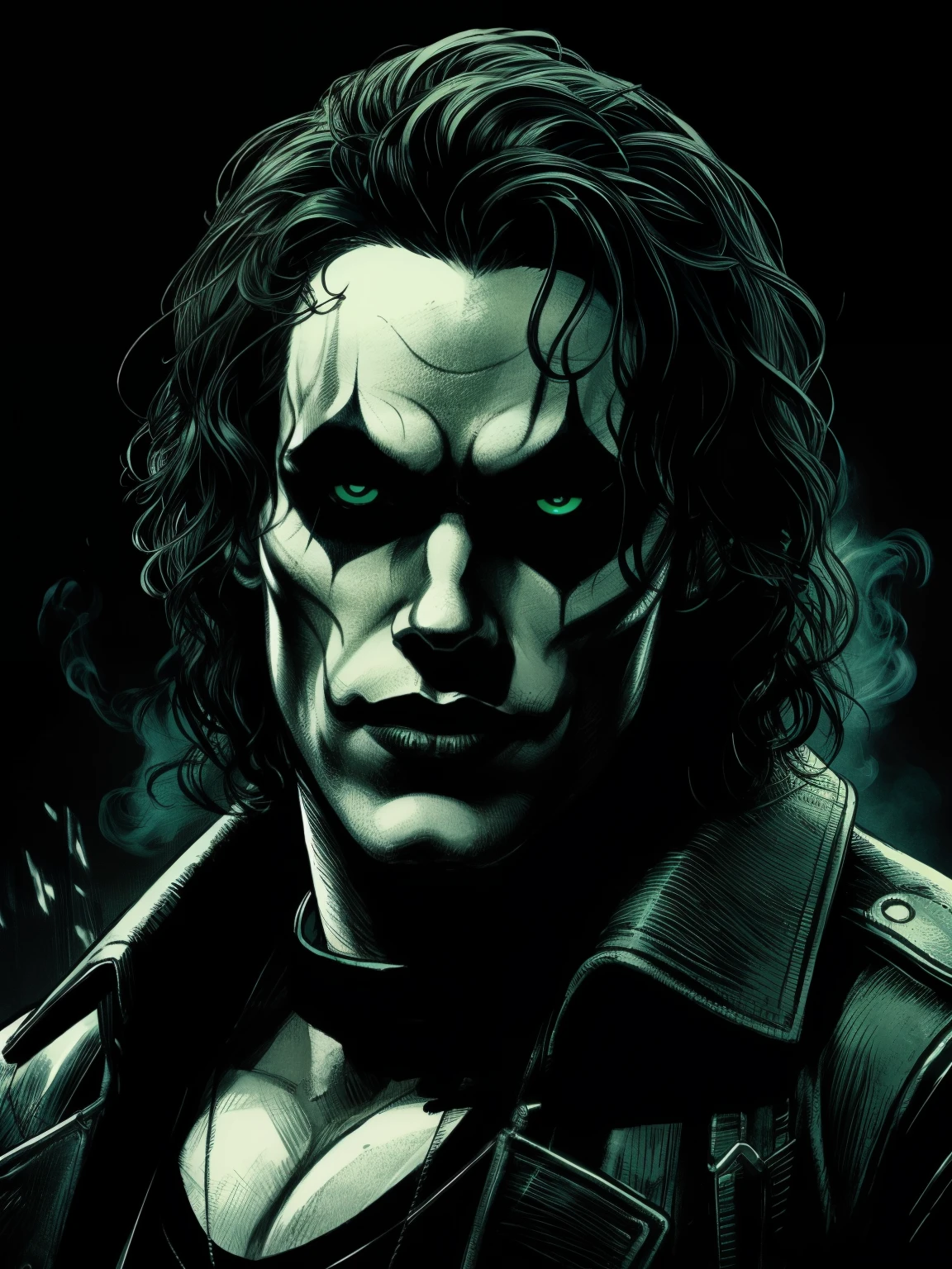 A cinematic poster of the character "The Crow". Close-Up Face. The character in the middle of a dark street, with a bright green light shining on him. (( The Crow V.IT Face, White face with black makeup )), The background is black with smoke. Wearing a The Crow Costume. The character is wearing a black 
overcoat, jeans, and black boots. He has long black hair and wears black makeup. DETAILED FACE, intricate.
Realism: The generated art should be realistic and highly detailed.
Lighting: The lighting should be cinematic, with a bright RED light shining on the character.
Background: The background should be black with smoke.