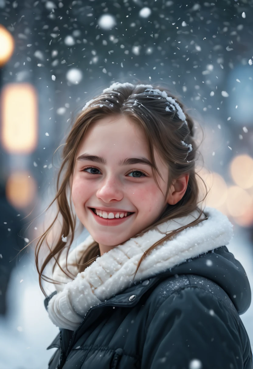 cinematic photo, 1girl 20yo, smile, snow, 35mm photograph, film, bokeh, highly detailed, (realistic, photorealistic, RAWphoto:1.4), (best quality, masterpiece, Representative work, official art, Professional, 8k:1.3)