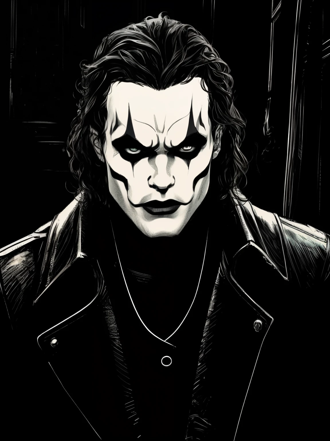 A cinematic poster of the character "The Crow". Close-Up Face. The character in the middle of a dark street, with a bright green light shining on him. (( The Crow V.IT Face, White face with black makeup )), The background is black with smoke. Wearing a The Crow Costume. The character is wearing a black
overcoat, jeans, and black boots. He has long black hair and wears black makeup. DETAILED FACE, intricate.
Realism: The generated art should be realistic and highly detailed.
Lighting: The lighting should be cinematic, with a bright RED light shining on the character.
Background: The background should be black with smoke.