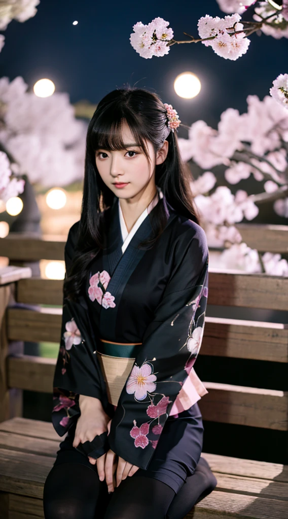 masterpiece,highest quality,1 girl,perfect face,looking at the camera,black hair,long hair,hairstyle with bangs,Body with good style,blush,kimono,Jet black kimono,mini skirt,panty shot,tuck up,thighs,Thighhighs,fantastic scenery,night,moon,cherry blossoms