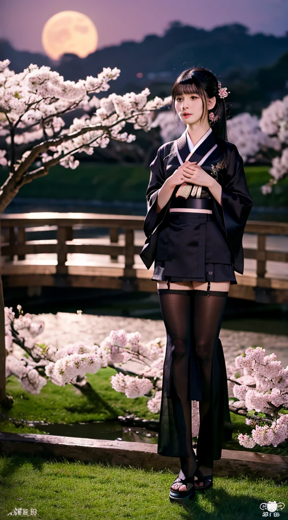 masterpiece,highest quality,1 girl,perfect face,looking at the camera,black hair,long hair,hairstyle with bangs,Body with good style,blush,kimono,Jet black kimono,mini skirt,panty shot,tuck up,thighs,Thighhighs,fantastic scenery,night,moon,cherry blossoms