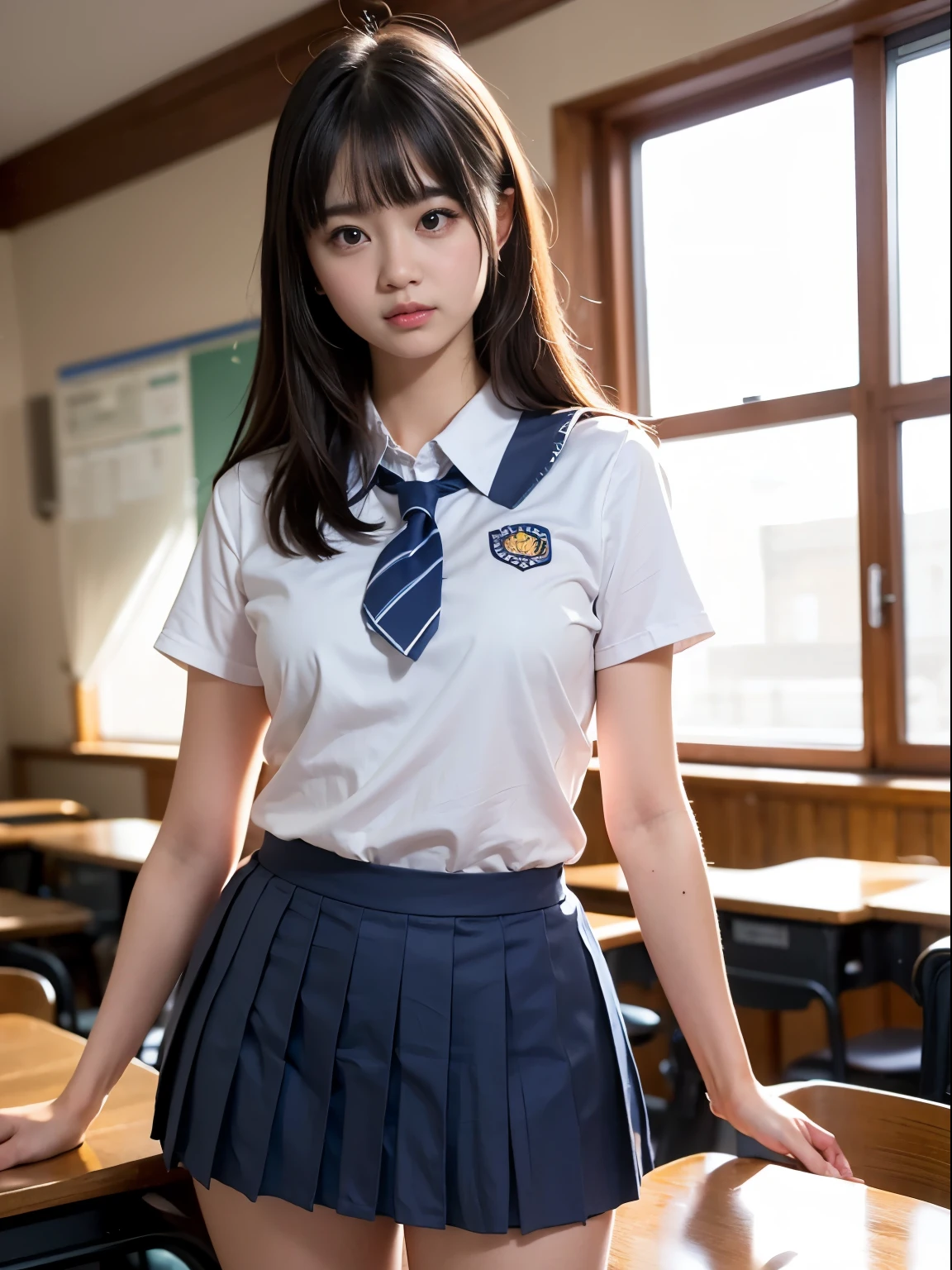 1 young girl, 8k wallpaper, professional photography, realistic portrait, cinematic light, bangs, shortcut、(High School Uniform, pleated mini skirt:1.3), School, classroom,(highest quality:1.0), (realistic:1.0), (8K, RAW photo:1.1), (8k非常にbecome familiar withなCGユニットの壁紙), (highest quality), (best illustrations), (best shadow), (become familiar with: 1.4), 3D, HDR (high dynamic range), ray tracing, NVIDIA RTX, super resolution, scattered below the surface, PBR texture, Post-processing, anisotropic filtering, Depth of written boundary, maximum sharpness and acutance, multilayer texture, Albedo and highlight mapping, surface shading, Accurate simulation of light-matter interactions, perfect proportions, octane rendering, 超realistic、Photographed with Canon EOS R5、50mm lens、f / 2.8