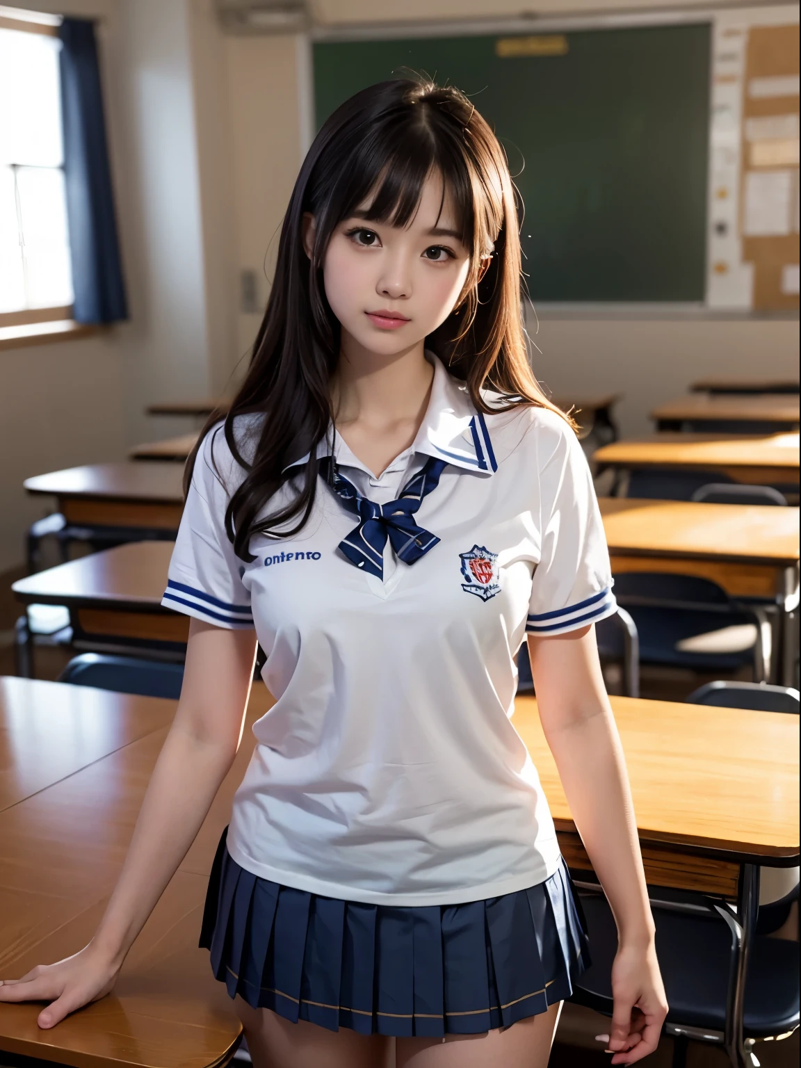 1 young girl, 8k wallpaper, professional photography, realistic portrait, cinematic light, bangs, shortcut、(High School Uniform, pleated mini skirt:1.3), School, classroom,(highest quality:1.0), (realistic:1.0), (8K, RAW photo:1.1), (8k非常にbecome familiar withなCGユニットの壁紙), (highest quality), (best illustrations), (best shadow), (become familiar with: 1.4), 3D, HDR (high dynamic range), ray tracing, NVIDIA RTX, super resolution, scattered below the surface, PBR texture, Post-processing, anisotropic filtering, Depth of written boundary, maximum sharpness and acutance, multilayer texture, Albedo and highlight mapping, surface shading, Accurate simulation of light-matter interactions, perfect proportions, octane rendering, 超realistic、Photographed with Canon EOS R5、50mm lens、f / 2.8