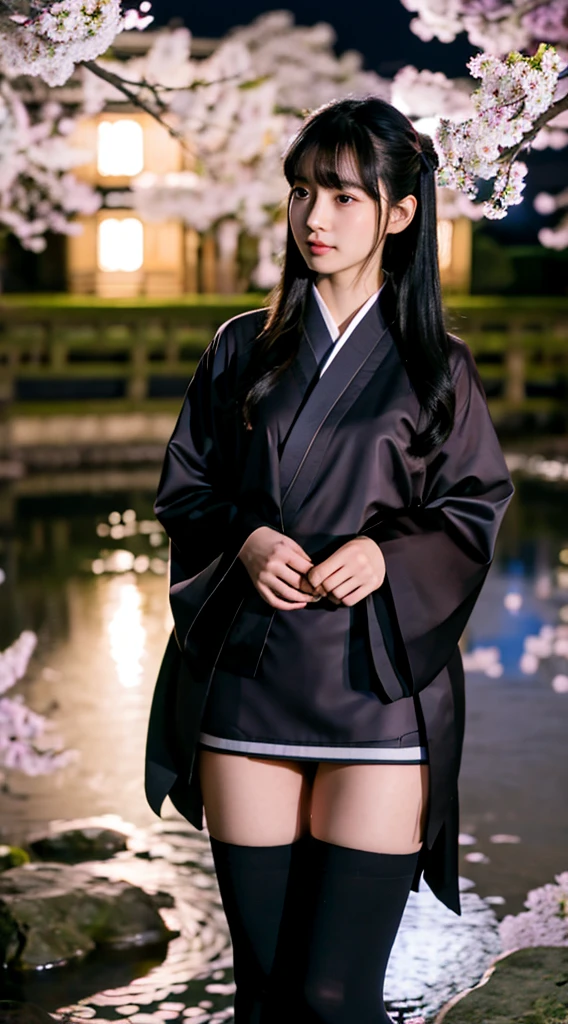 masterpiece,highest quality,1 girl,perfect face,looking at the camera,black hair,long hair,hairstyle with bangs,Body with good style,blush,kimono,Jet black kimono,mini skirt,panty shot,tuck up,thighs,Thighhighs,fantastic scenery,night,moon,cherry blossoms
