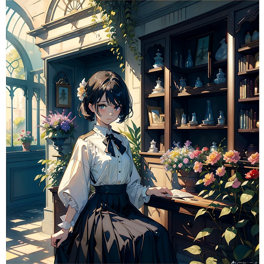 ((Watercolor by singer Sargent))、(highest quality、masterpiece)、1 girl、、wonderful、short black hair、Also々Shiime、small breasts、uniform、long skirt、piano、library、Book、flower shop、table、Floral、window、Foliage plant、 wood,