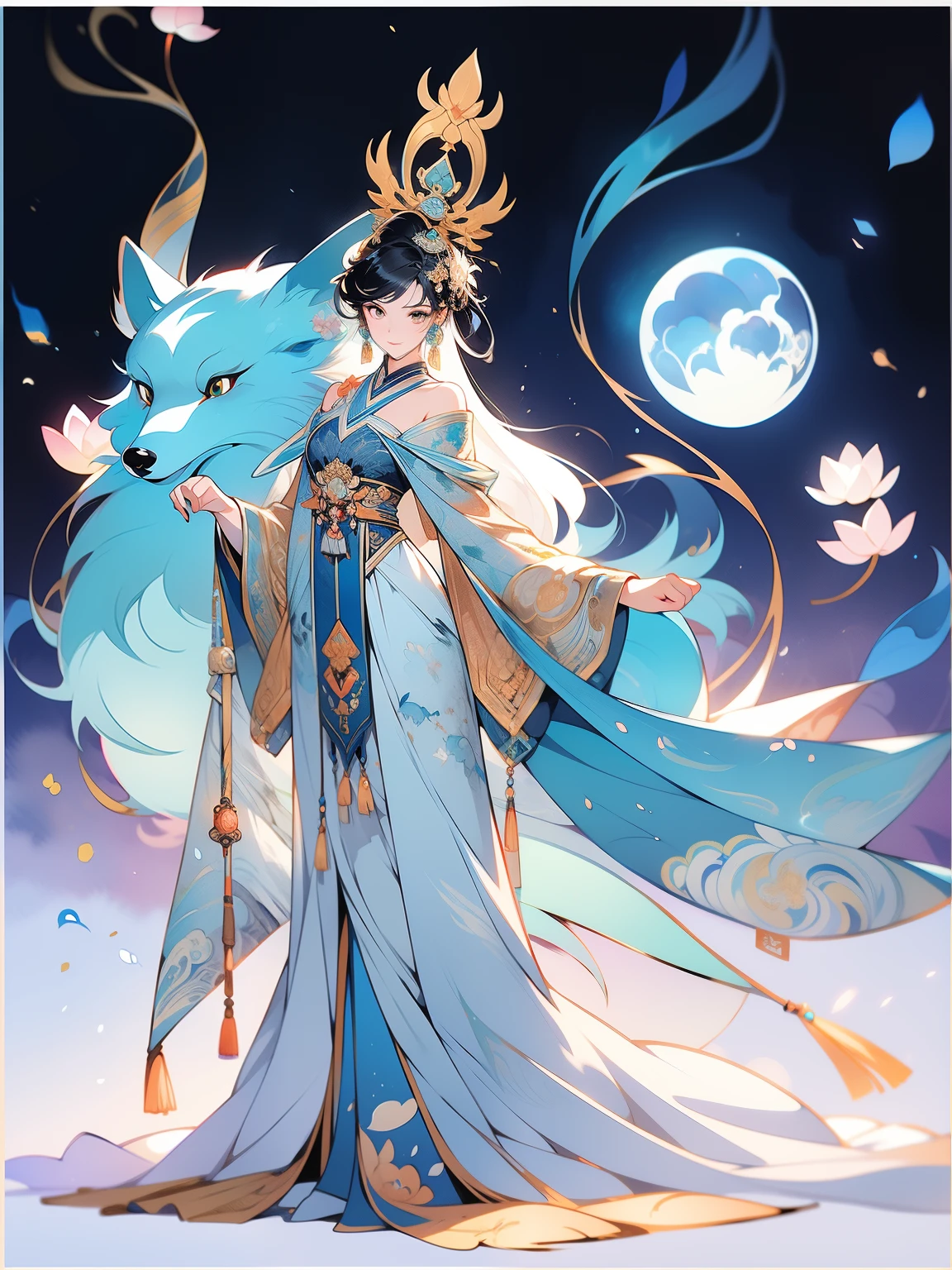 Chinese Mythology Art,Mountain and sea sutra style,Chang'e,Moon,Ink painting blooming,watercolor illustration,Western style woman,front,whole body,Slim figure,beautiful face,Exquisite facial features,Light makeup,A thin veil,Western Regions costumes,Long silk dress,double bun hair,Gilt jewelry decoration,black hair,hair accessories,Super gorgeous details,Warm color aesthetic light source,arctic fox,lotus,Clouds,ribbon,ribbon,Light painting rendering,blurry and mottled,HD,16k,best quality