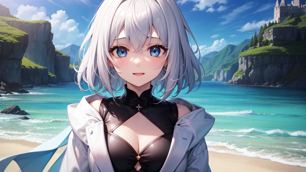 super high quality, with a girl, 20-year-old, とてもshort hair, long bangs between the eyes, pale blue eyes , blue sky, sunlight, very detailed,(masterpiece、highest quality)、alone、gray hair、laughter、White skin as clear as snow、fantasy, silver hair, black eye, beautiful eyes,, ecstasy, charm, be smitten with audience, short hair、fantasyな風景,seaside