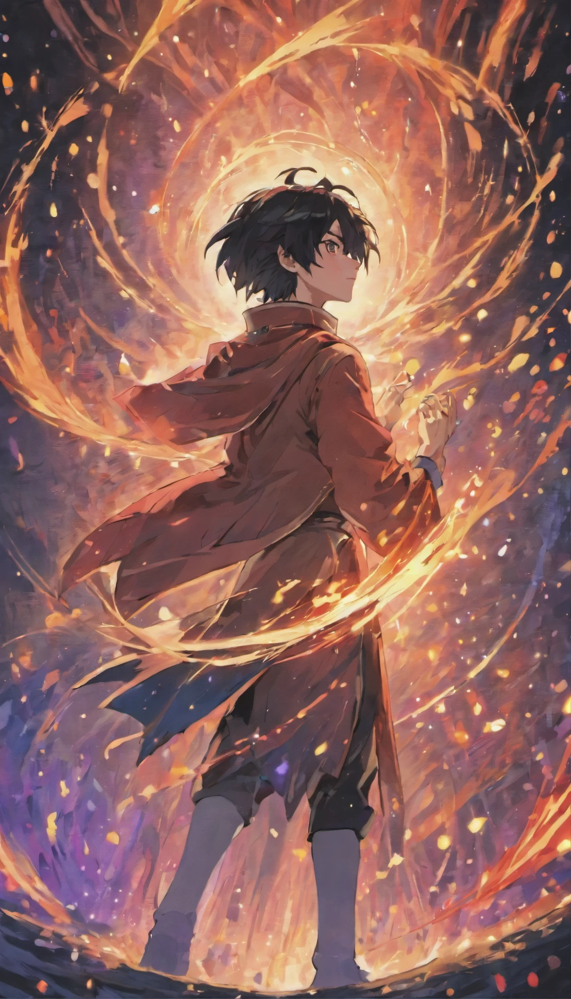 a painting that represents the essence of magic in your world, showing the black-haired, red-eyed protagonist, immersed in a cascade of magical energy, with glowing particles dancing around him and arcane symbols forming in the air, long hair to shoulder, side profile