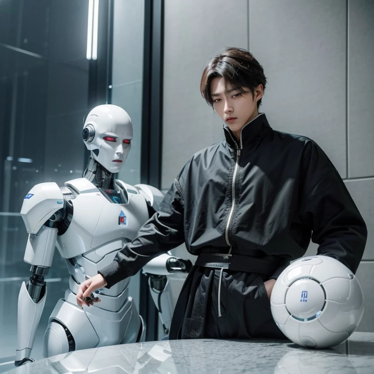 (((best quality, 4k))), (androgynous male robot emperor, his testicles are made of glass, exposed and very fragile, which is critical weakness of his otherwise ideal design, his reign can be ended easily)