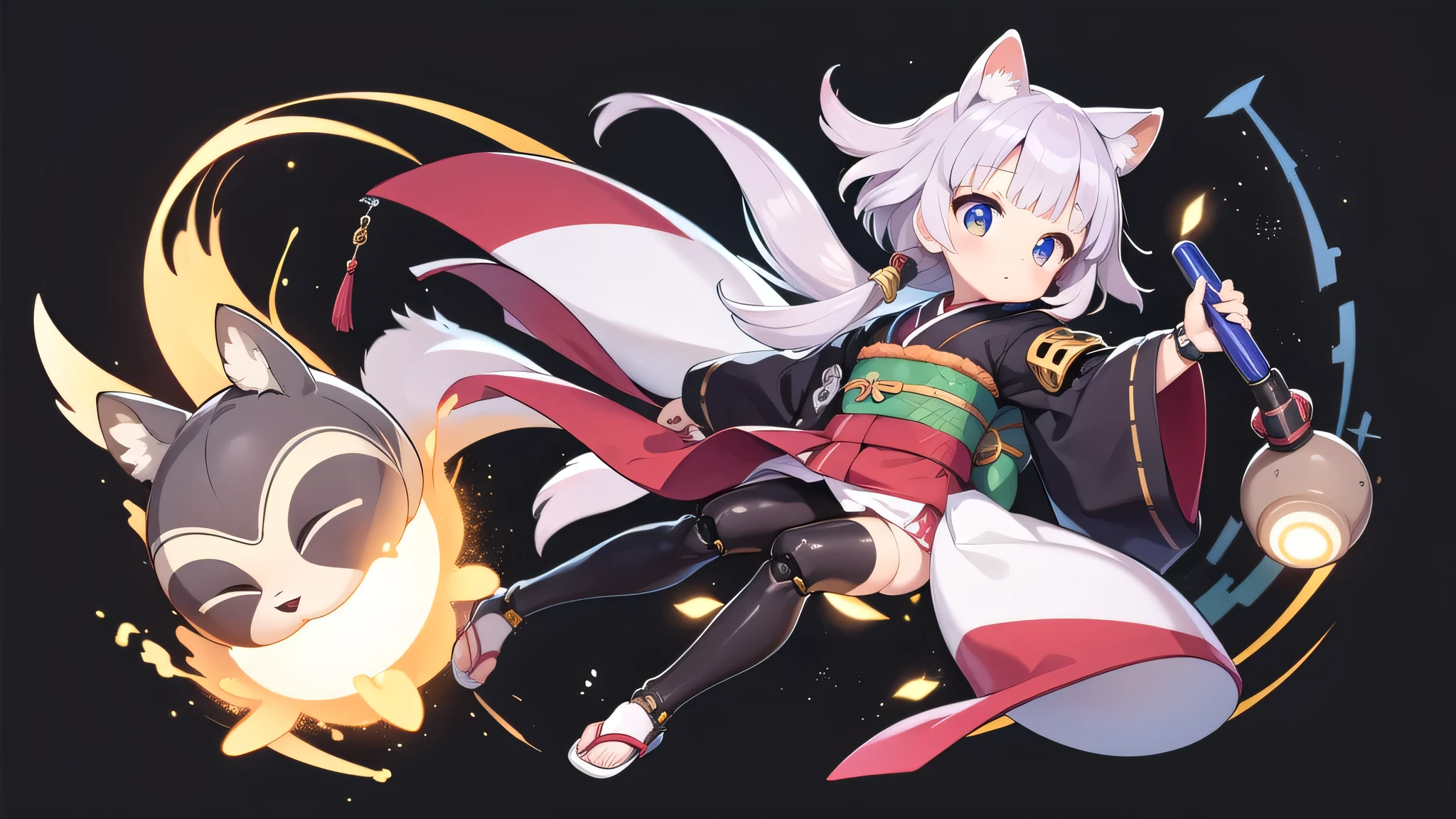 no background、girl、((mechanical limbs))、(())、(kemonomimi(Raccoons))、(one short tail(Raccoons))、kimono