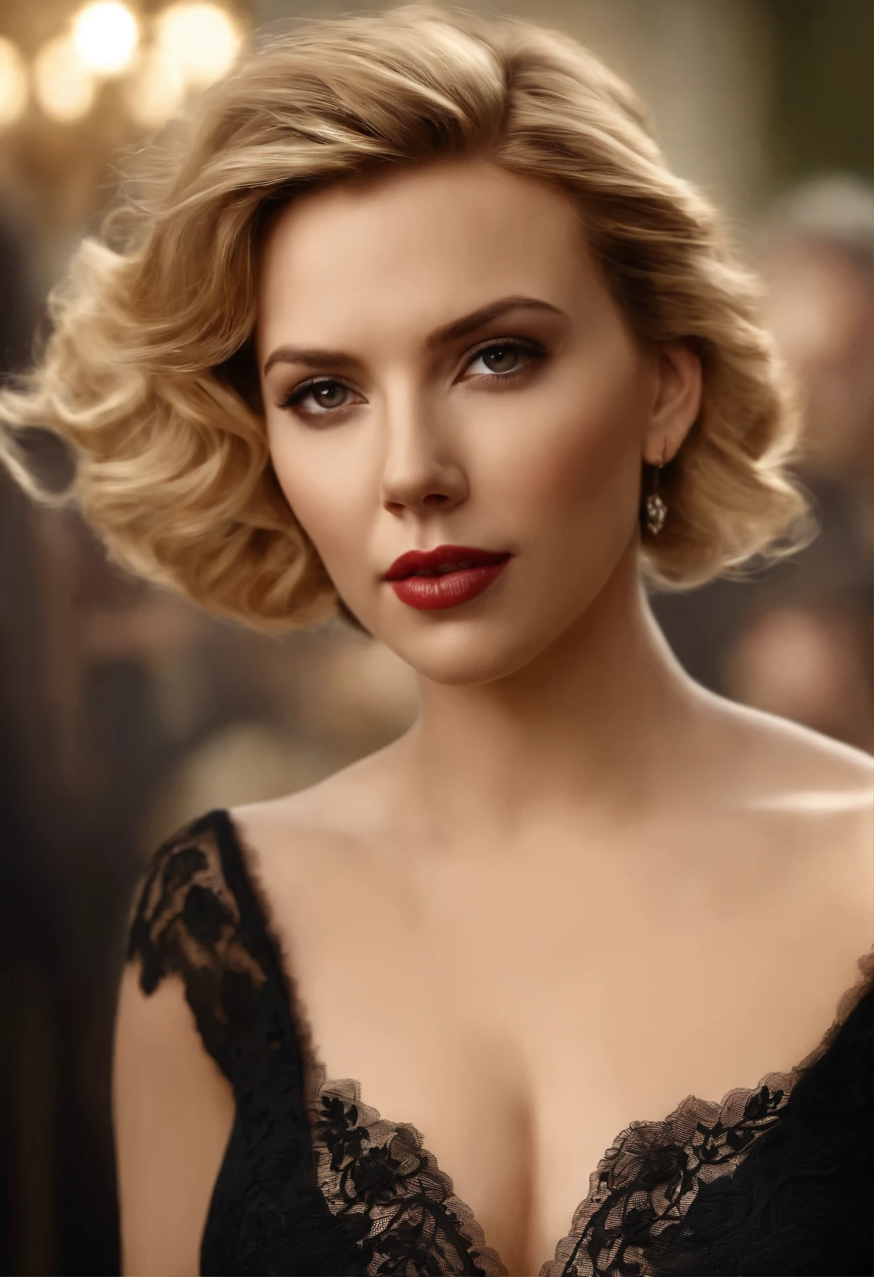  Scarlett Johansson with blonde hair, very beautiful in very elegant, black lace tight dress, Very realistic and detailed, high resolution.
generated