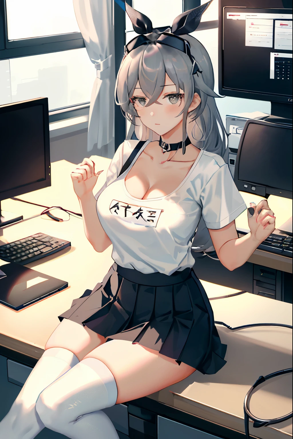 Silver wolf, honkai star rail, 1girl, solo, ((white shirt)), black thighhighs, , cleavagrm, office background, black skirt, pleated skirt, office, hair between eyes, hair ornament, large breasts, long hoking at viewer, silver short nails, grey eyes, solo, thighhighs, thighs, ((masterpiece)), sitting, chair, desk, computer on desk, name tag, id tag, indoor, blush, sexy pose, hands behin((office top)),