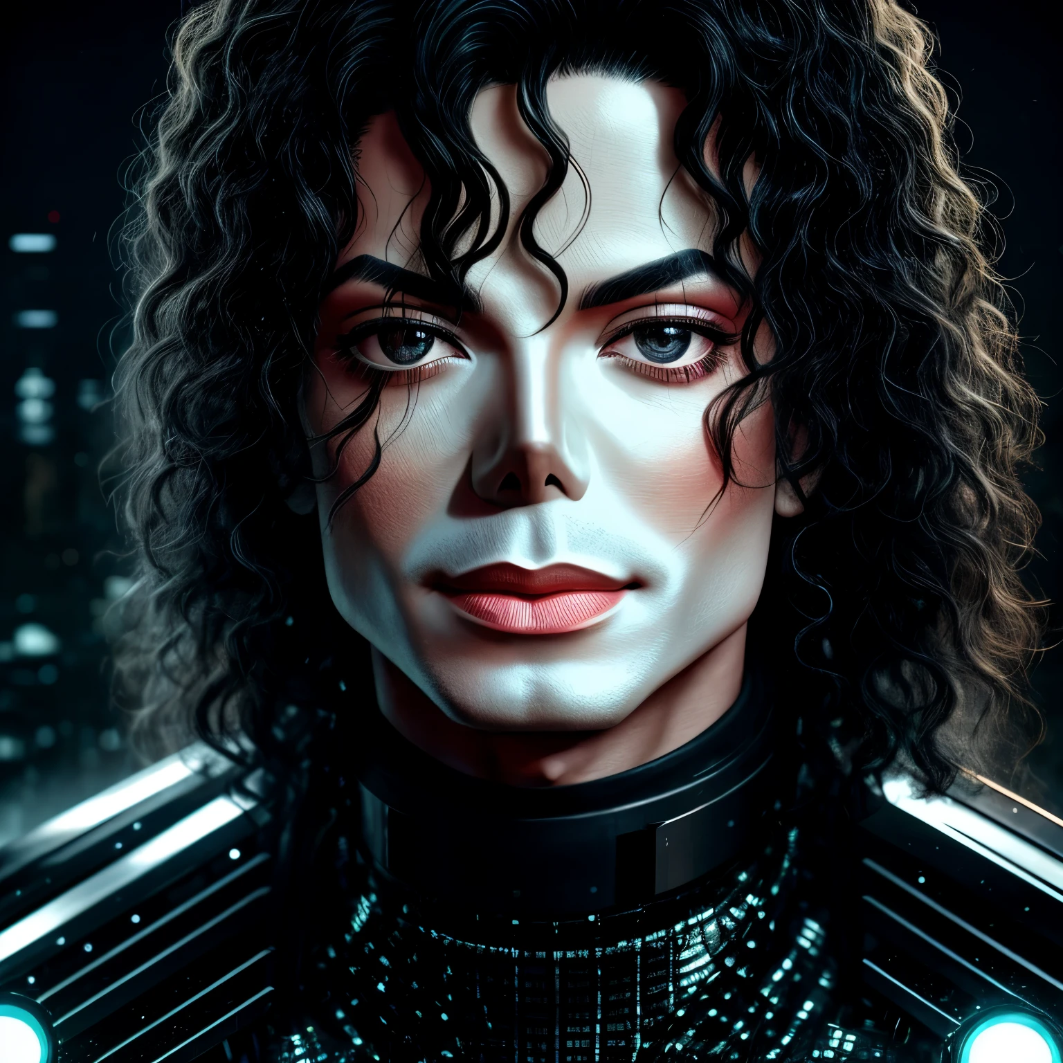 Close-up of Michael Jackson with a face wet with water, in a silver cybernetic suit made of mechanical iron with technological features, from shoulders to head, in a city, Front view, Anxious, in a mechanical laboratory with technological traces of electrical wiring, cinematic style, hyper realism, no midjourney, 8k