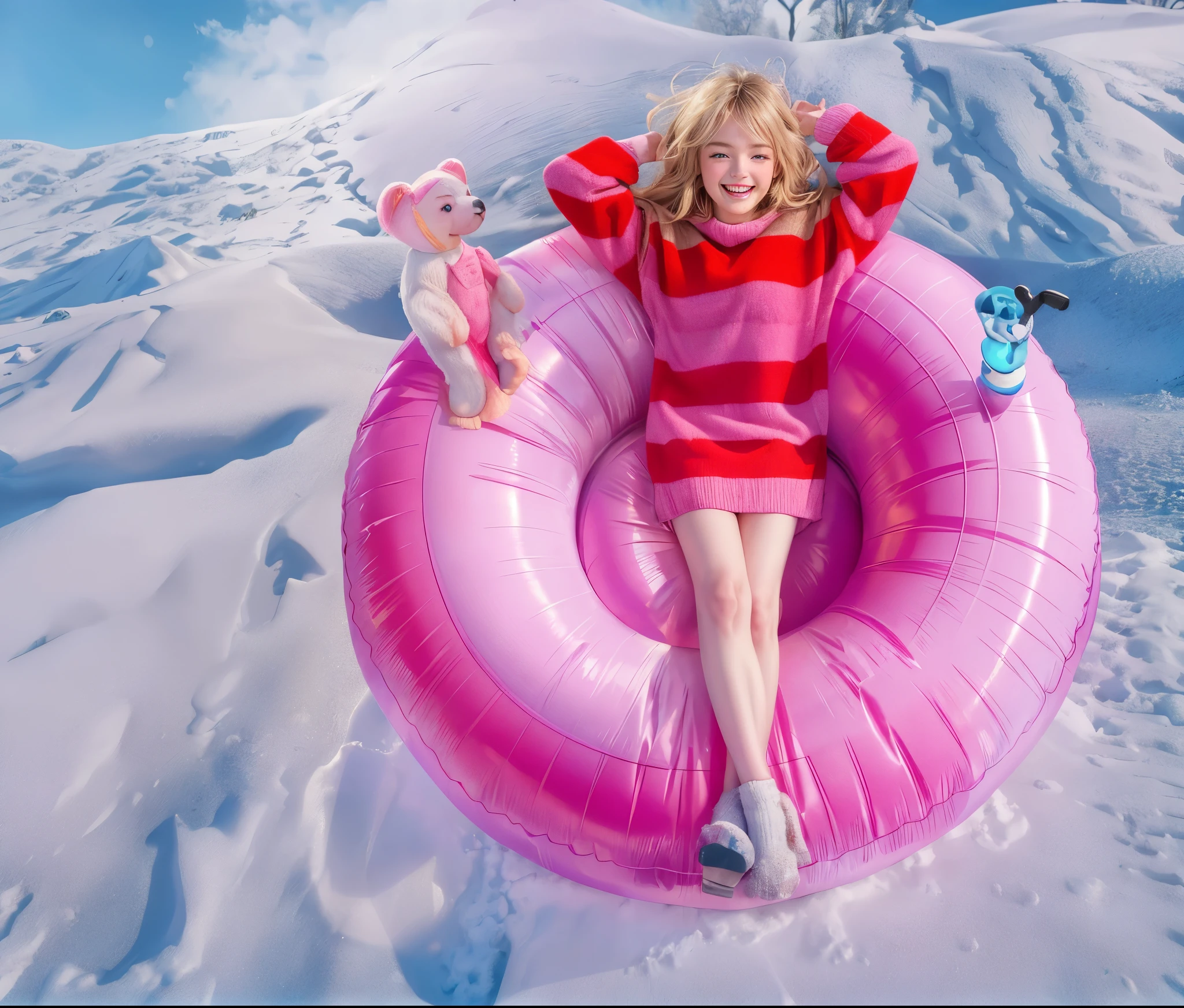 blond girl,pink and red striped dress,laying on pink inflatable float,breath-taking view of snow-covered mountains unfold in the background,soft powdery snow glimmers under the sunlight,
sparkling snowflakes gently fall from the sky,
wind whispers through the snowy trees,
delightful giggle escapes from the girl's lips,
ultra-detailed,highly realistic portrait of the girl,
best quality,4k,high resolution,
masterpiece:1.2,
vivid colors bring the scene to life,
studio lighting accentuates the girl's features,
soft and warm color palette creates a cozy atmosphere,
long flowing hair dancing in the wind,
captivating blue eyes shimmer with excitement,
rosy cheeks glowing with joy,
fun and carefree expression,
playful and relaxed posture,
a magical winter wonderland.