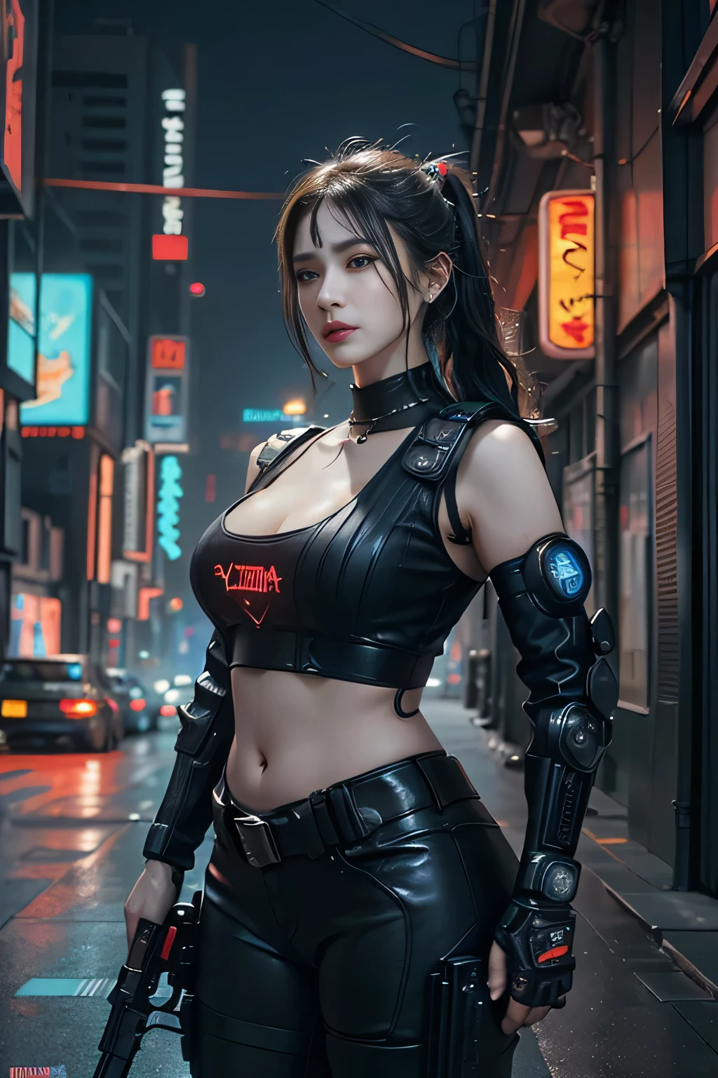 best quality, highres, textured skin, 8k, Anatomically correct, masterpiece:1.2, photo-realistic:1.2, super realistic details, Realistic proportions, extremely detailed face, round face, solid circle eyes, chubby girl, curvy:1.2, looking at viewer, (((Cyberpunk female special forces soldier:1.5, highly intricate detail cyberpunk special forces costume, special forces crest:1.3, heavy Armed girls , Armed with the cyberpunk laser rifle:1.5, modern equipment, Mechanical latex bodysuit with intricate detailing:1.4, tactical vest ,military harness, magazine belt, survival knife, midriff))), Confident smile, Various stylish ponytail, gigantic breasts, cleavage, gleaming skin, cyberpunk dystopian city, City of the Future, 2080s, night scene, Beautiful Neon Lights, No people in the background, A scene from a movie, cinematic lighting, cinematic shadows, vibrant colors, feminine yet authoritative, attention to facial features and makeup, depth of field, Futurism,