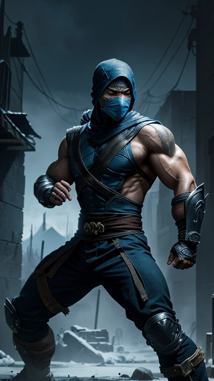 Mortal Kombat movie, ninja sub zero, Dynamics, masterpiece, dark colors, strength, post-apocalyptic lanscape, poster