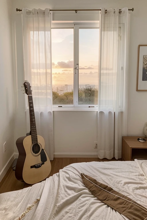 "Crie uma imagem de plano geral que represente um quarto com pouca luz. Destaque as paredes decoradas com fotos de um adolescente, dono do quarto, registrando momentos especiais. Na cama, highlight a guitar carefully placed on a white sheet, suggesting an artistic passion. The window should reveal a sunset scene, adding a serene atmosphere to the scene. Be sure to capture the details in the photographs and the subtle lighting that emphasizes the personal and nostalgic character of the space."