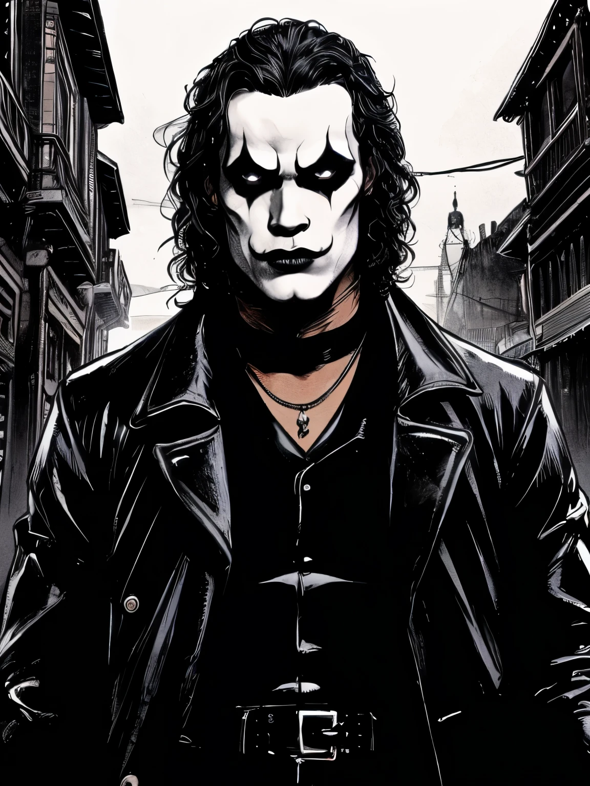 A cinematic poster of the character "The Crow". Close-Up Face. The character in the middle of a dark street, with a bright green light shining on him. (( The Crow V.IT Face, White face with black makeup )), The background is black with smoke. Wearing a The Crow Costume. The character is wearing a black 
overcoat, jeans, and black boots. He has long black hair and wears black makeup. DETAILED FACE, intricate.
Realism: The generated art should be realistic and highly detailed.
Lighting: The lighting should be cinematic, with a bright RED light shining on the character.
Background: The background should be black with smoke.