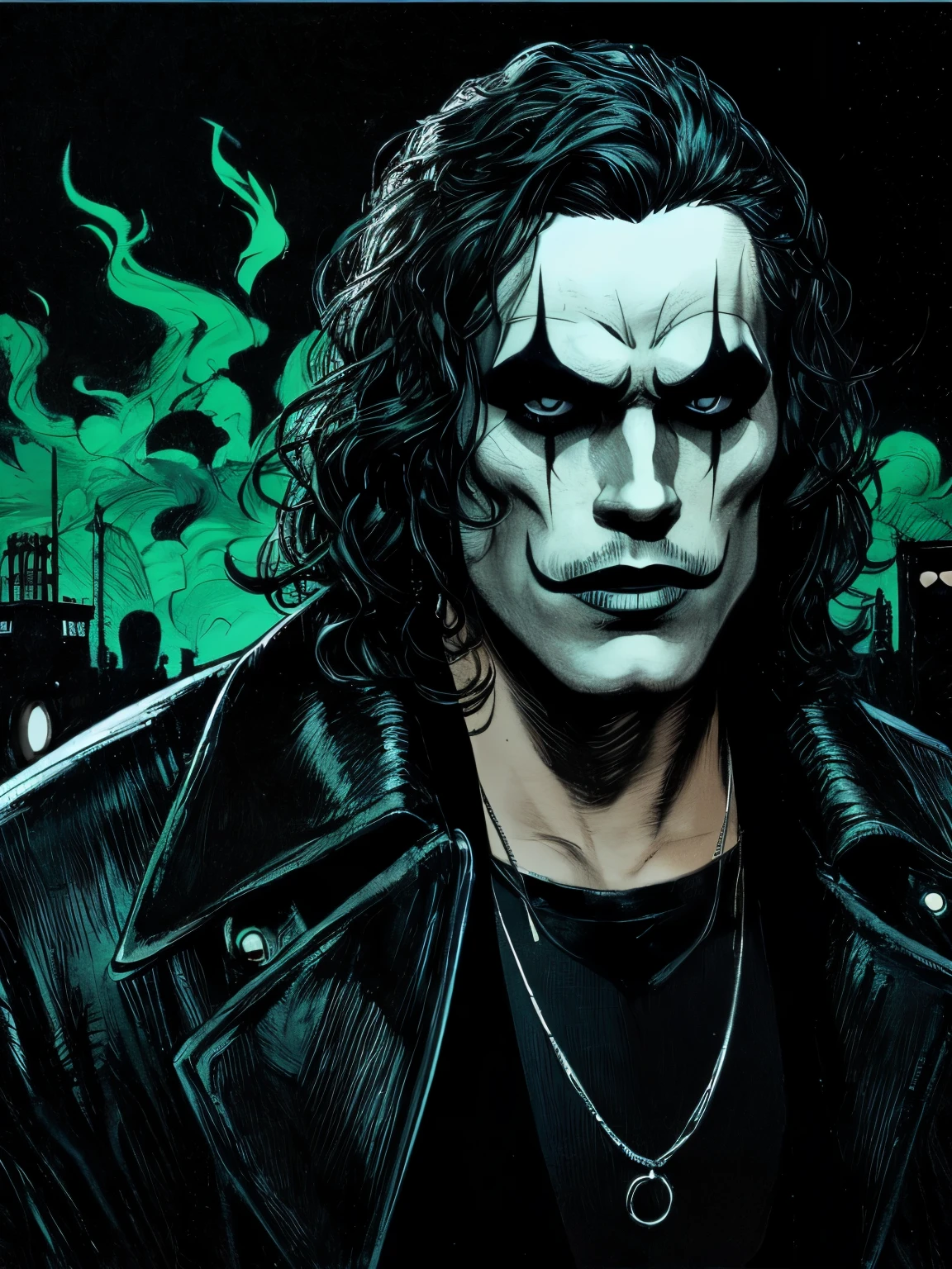 A cinematic poster of the character "The Crow". Close-Up Face. The character in the middle of a dark street, with a bright green light shining on him. (( The Crow V.IT Face, White face with black makeup )), The background is black with smoke. Wearing a The Crow Costume. The character is wearing a black 
overcoat, jeans, and black boots. He has long black hair and wears black makeup. DETAILED FACE, intricate.
Realism: The generated art should be realistic and highly detailed.
Lighting: The lighting should be cinematic, with a bright RED light shining on the character.
Background: The background should be black with smoke.