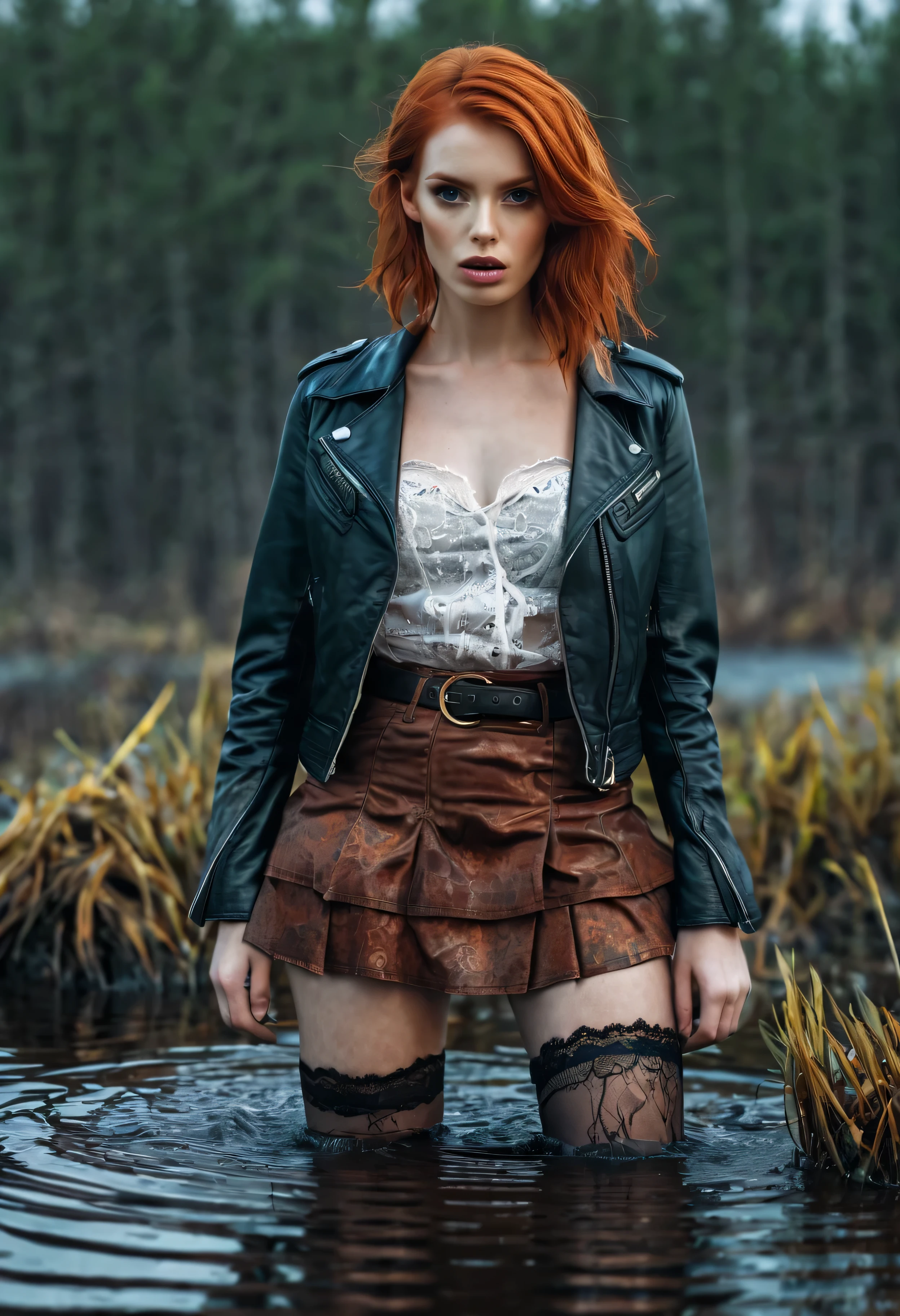 Ultra sharp, ultra-detailed, 4K, copper-red haired woman drowns in a bog. denim skirt, lace stockings with garters and leather jacket, волосы убраны в свободный пучок