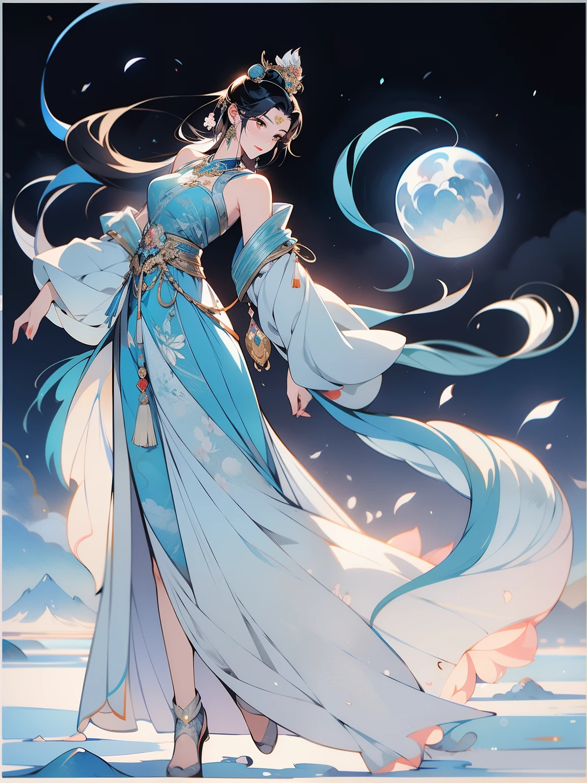 Chinese Mythology Art,Mountain and sea sutra style,Chang'e,Moon,Ink painting blooming,watercolor illustration,Western style woman,front,whole body,Slim figure,beautiful face,Exquisite facial features,Light makeup,A thin veil,Western Regions costumes,Long silk dress,double bun hair,Gilt jewelry decoration,black hair,hair accessories,Super gorgeous details,Warm color aesthetic light source,arctic fox,lotus,Clouds,ribbon,ribbon,Light painting rendering,blurry and mottled,HD,16k,best quality
