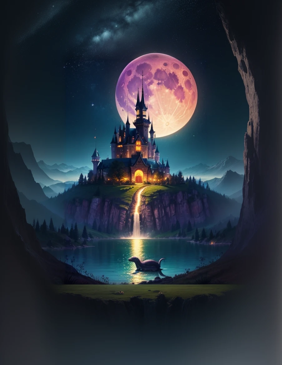 (best quality,4k,8k,highres,masterpiece:1.2),ultra-detailed,(realistic,photorealistic,photo-realistic:1.37),more hills in the distance,dragons flying,small villages in the distance,lunar sky,night,stars,illustration,dark silhouettes of hills against a pale silver moon,shadows cast by dragons passing through the sky,vibrant stars twinkling against the dark background,soft glow of moonlight illuminating the landscape,subtle hints of blue and purple hues in the night sky,peaceful atmosphere,serene and mysterious setting,impressive scale of the hills and dragons,meticulous attention to detail in the dragon's wings and scales,small flickering lights dotting the villages in the distance,subtle sense of movement and energy in the dragon's flight,ethereal and dreamlike ambiance,hazy mist adding depth and atmosphere to the scene