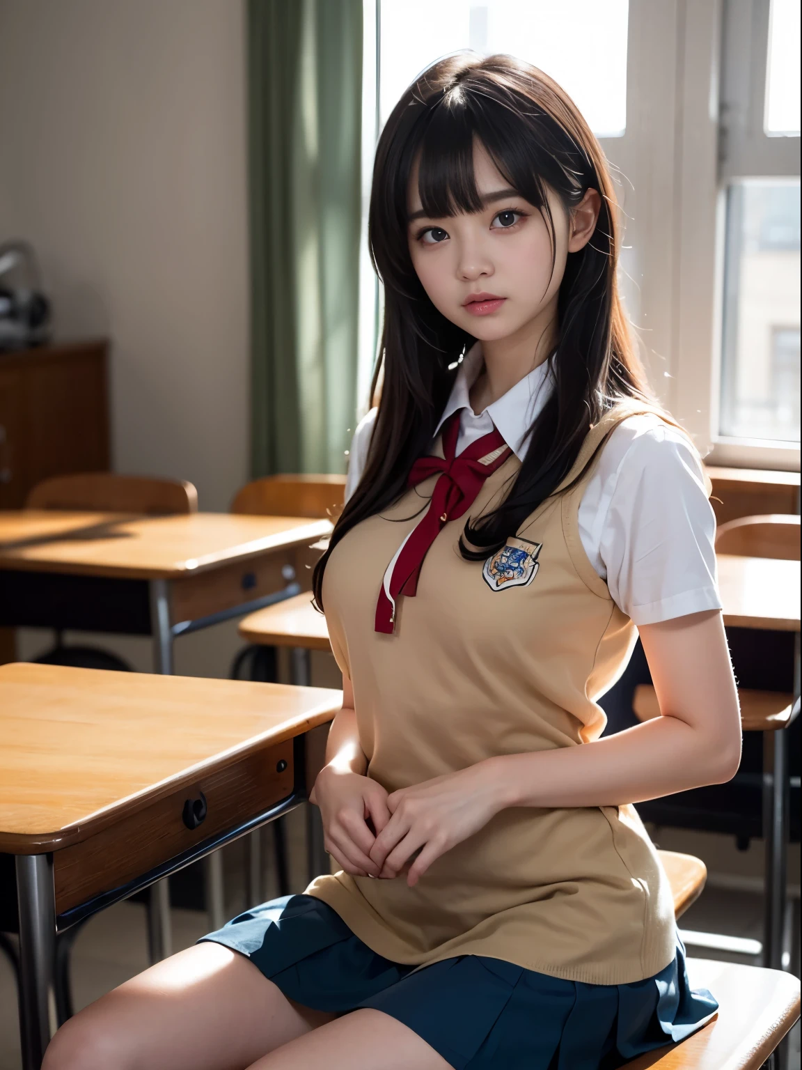 ****ung girl, cinematic light, bangs, short cut hairstyle、red ribbon、big breasts、(High School Uniform ,mini skirt:1.3), School, classroom, clear、(highest quality:1.0), (realistic:1.0), (8K, RAW photo:1.1), (8k非常にbecome familiar withなCGユニットの壁紙), (highest quality), (best illustrations), (best shadow), (become familiar with: 1.4), 3D, HDR (high dynamic range), ray tracing, NVIDIA RTX, super resolution, scattered below the surface, PBR texture, Post-processing, anisotropic filtering, Depth of written boundary, maximum sharpness and acutance, multilayer texture, Albedo and highlight mapping, surface shading, Accurate simulation of light-matter interactions, perfect proportions, octane rendering, 超realistic、Photographed with Canon EOS R5、50mm lens、f / 2.8