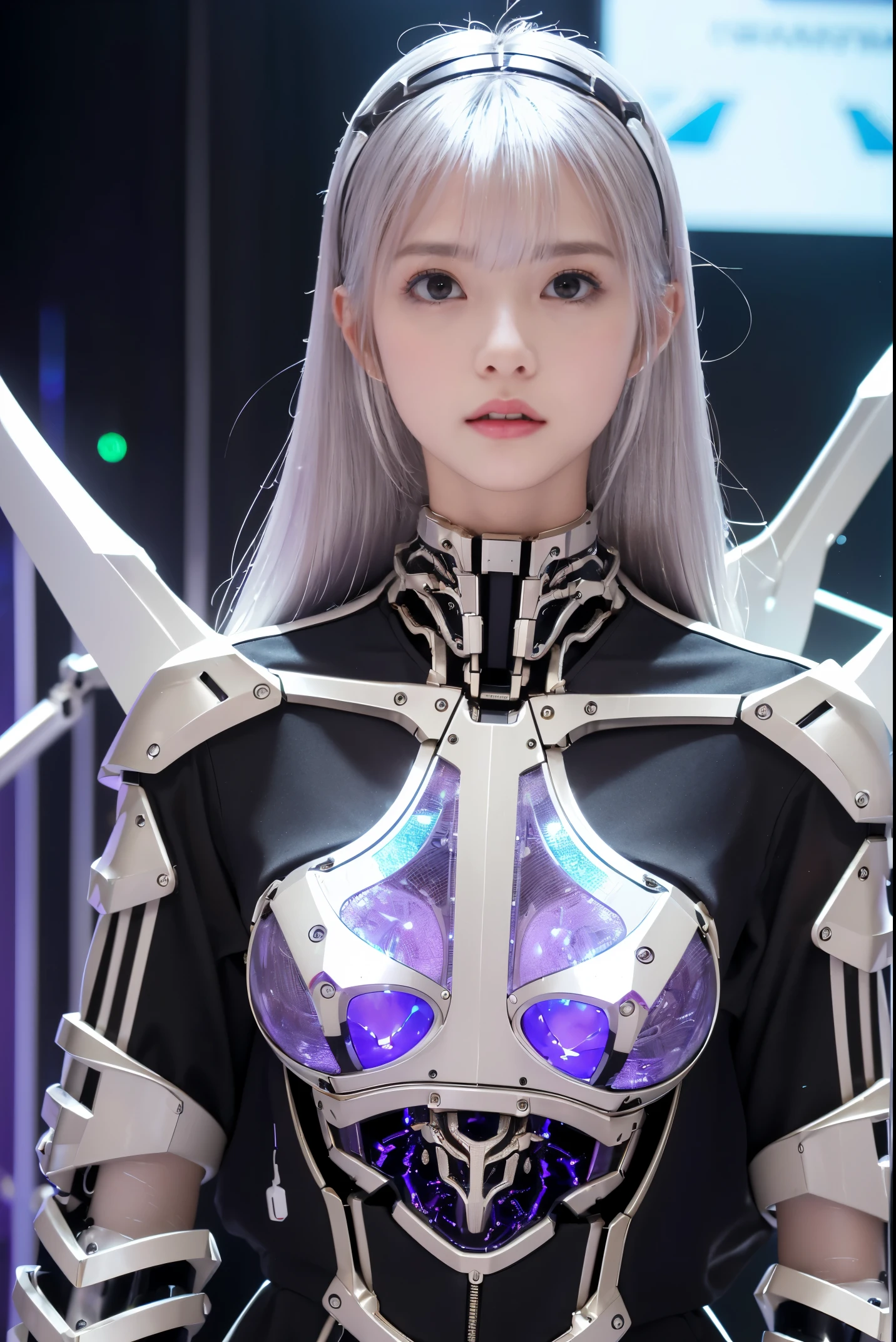 a portrait of sxeyez, <lora:japaneseDollLikeness_v10:0.5>,  cyborg, robotic parts, 100 mm, beautiful studio soft light, rim light, vibrant details, luxurious cyberpunk, lace, hyperrealistic, anatomical, facial muscles, cable electric wires, microchip, elegant, beautiful background, octane render, H. R. Giger style, 8k, best quality, masterpiece, illustration, an extremely delicate and beautiful, extremely detailed ,CG ,unity ,wallpaper, (realistic, photo-realistic:1.37), Amazing, finely detail, masterpiece,best quality,official art, extremely detailed CG unity 8k wallpaper, absurdres, incredibly absurdres,  <lora:koreanDollLikeness_v10:0.5>, robot, silver halmet