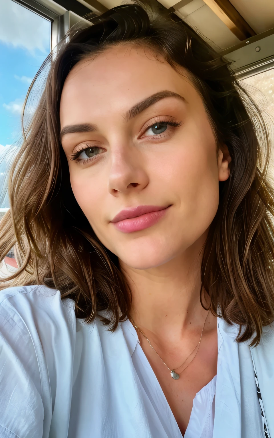 Beautiful brunette with blonde highlights, who is wearing a black top (in her cozy room), Sehr detailiert, 22 Jahre alt, Gesicht unschuldig, Natural wavy hair, blaue Augen, high resolution, Meisterwerk, best quality, komplizierte hohe Detailgenauigkeit, sehr detailliert, scharfer Fokus, detaillierte Haut, realistic skin Textur, Textur, Detaillierte Augen, Fachmann, 4K, charming smile, gefilmt mit Canon, 85 mm, shallow depth of field, Kodak Vision Color, perfectly fitting body, Extremely detailed, Fotografier_\(Ultra\), fotorealistisch, Realistisch, Nachbehandlung, maximale Details, Rauheit, wahres Leben, Ultra realist, Fotorealismus, Fotografie, 8K UHD, Fotografie, ((Upper body selfie, Happy)), Meisterwerk, best quality, ultradetailliert, am Strand, (Tag), Natur, heiter, Blick auf das Meer, Happy, Rucksack, Strandhut, pink shirt small sleeves closed, Schatten, Kontrast, klarer Himmel, Stil, (warmer Farbton, warmer Ton: 1.2), Nahaufnahme, Filmisches Licht, Seitenbeleuchtung, Ultrahigh resolution, bester Schatten, ROH, Gesichtsteil, ernster Blick, Normal breasts, 4K,
