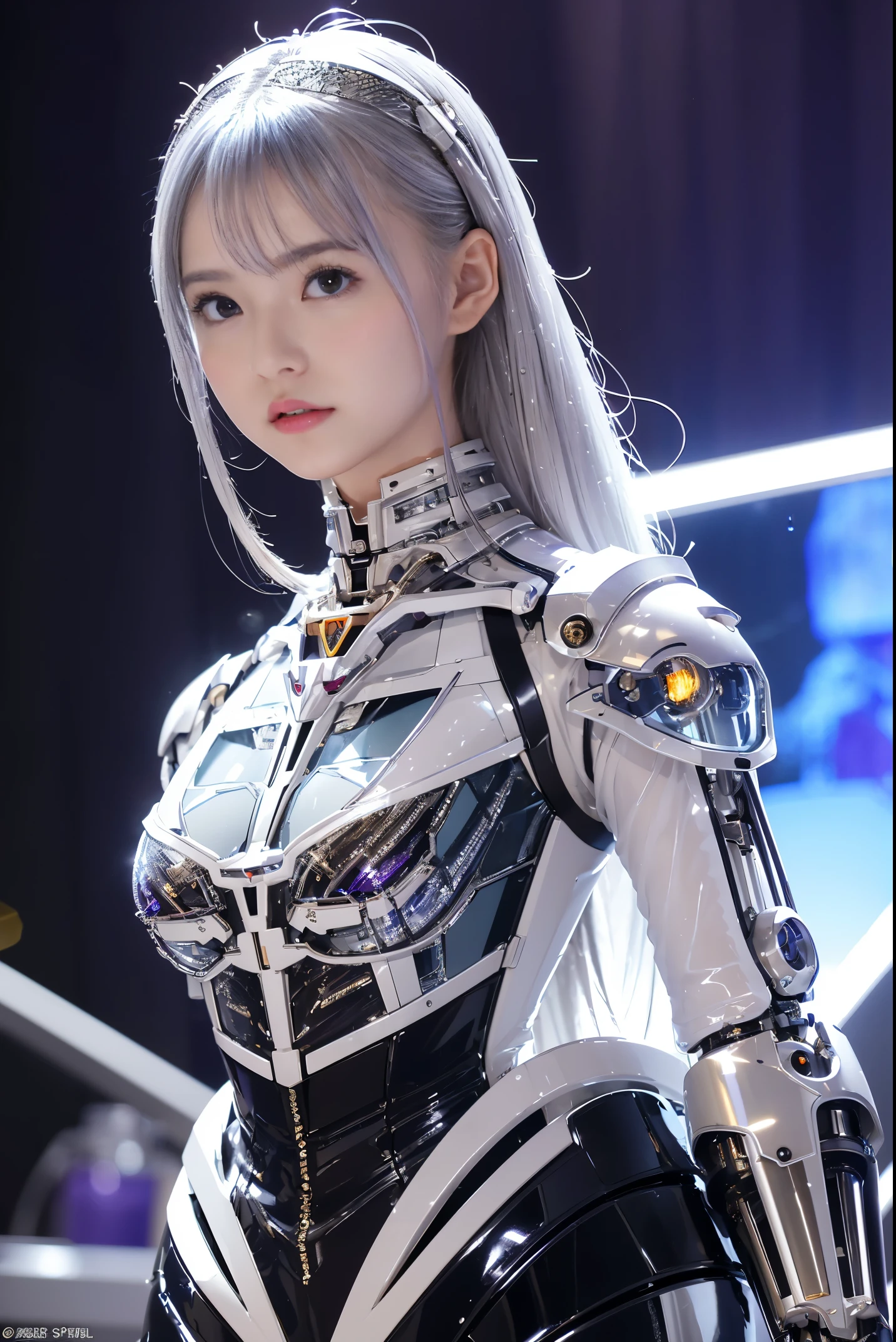top-quality、​masterpiece、超A high resolution、(Photorealsitic:1.4)、Raw photo、女の子1人、Black hair、((Below the neck  an all-mechanical skeleton with no skin:1.4))、(((Colorless transparent latex with glamorous female shape covering the body of the machine:1.4)))、((Large transparent resin nipples:1.4))、((super realistic details))、portlate、globalillumination、Shadow、octan render、8K picture quality、ultrasharp、((All mechanical metals are mirrored silver plated.:1.4))、Details of complex ornamentechanical skeleton、Vascular in the tube、highly intricate detail、Realistic light、CGSoation Trends、a purple eye、radiant eyeacing the camera、neon details、Limbs of the machine、Mechanical vertebrae、Mechanical neck,  Wires and cables connecting to the head、Gundam、Small LED lamp、(Purple lighting from behind:1.2)、there a woman that taking a picture of herself, a hologram inspired by Leng Mei, trending on cg society, interactive art, cosplayer, trending at cgstation, anime convention, anime , holding a pair of fans. unreal 5, anime style mixed with fujifilm, professional , girl in mecha cyber armor, hot topic anime convention