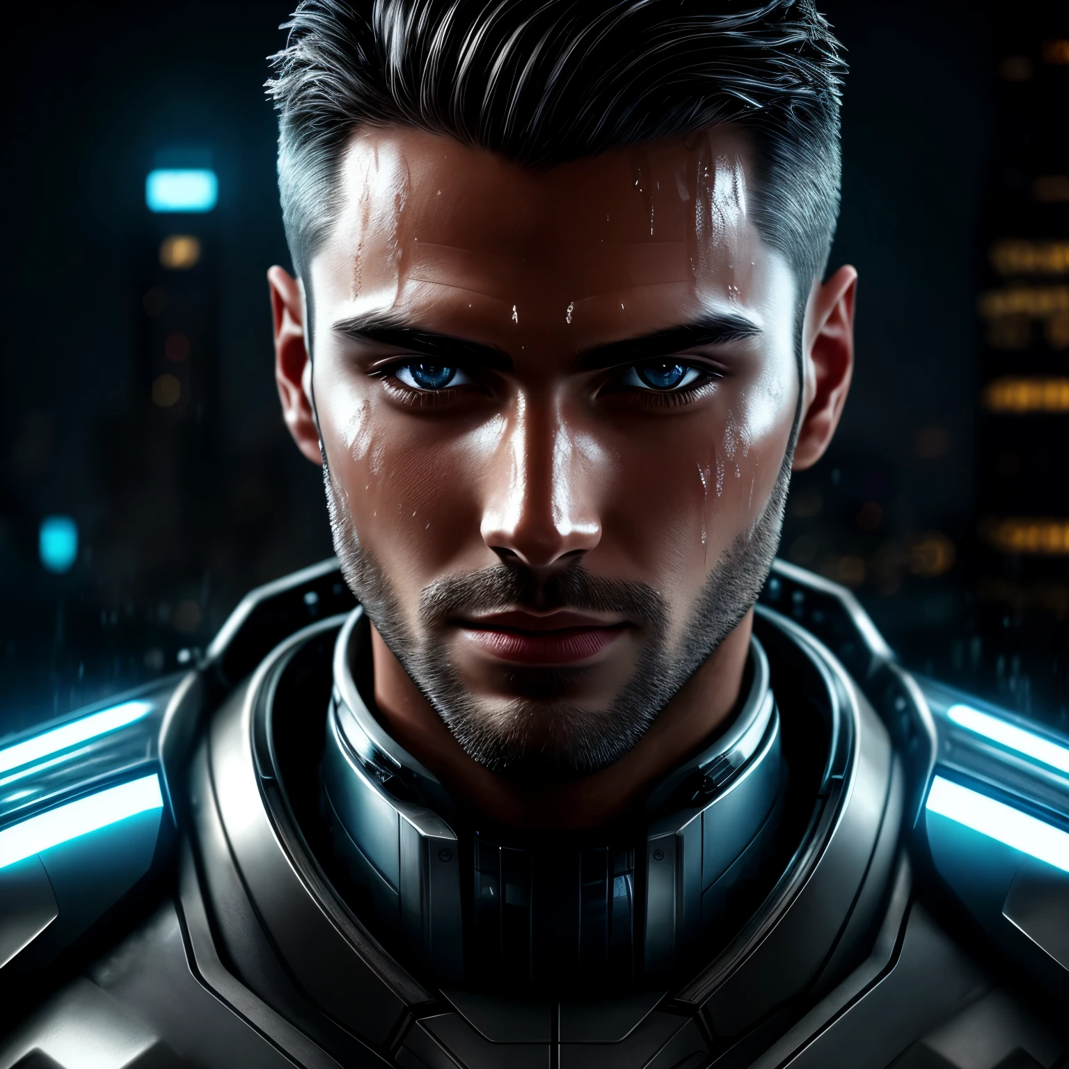 Close-up of handsome man with face wet with water, in silver mechanical iron cyber suit with technological features, from shoulders to head, in a city, Front view, Anxious, in a mechanical laboratory with technological traces of electrical wiring, cinematic style, hyper realism, no midjourney, 8k