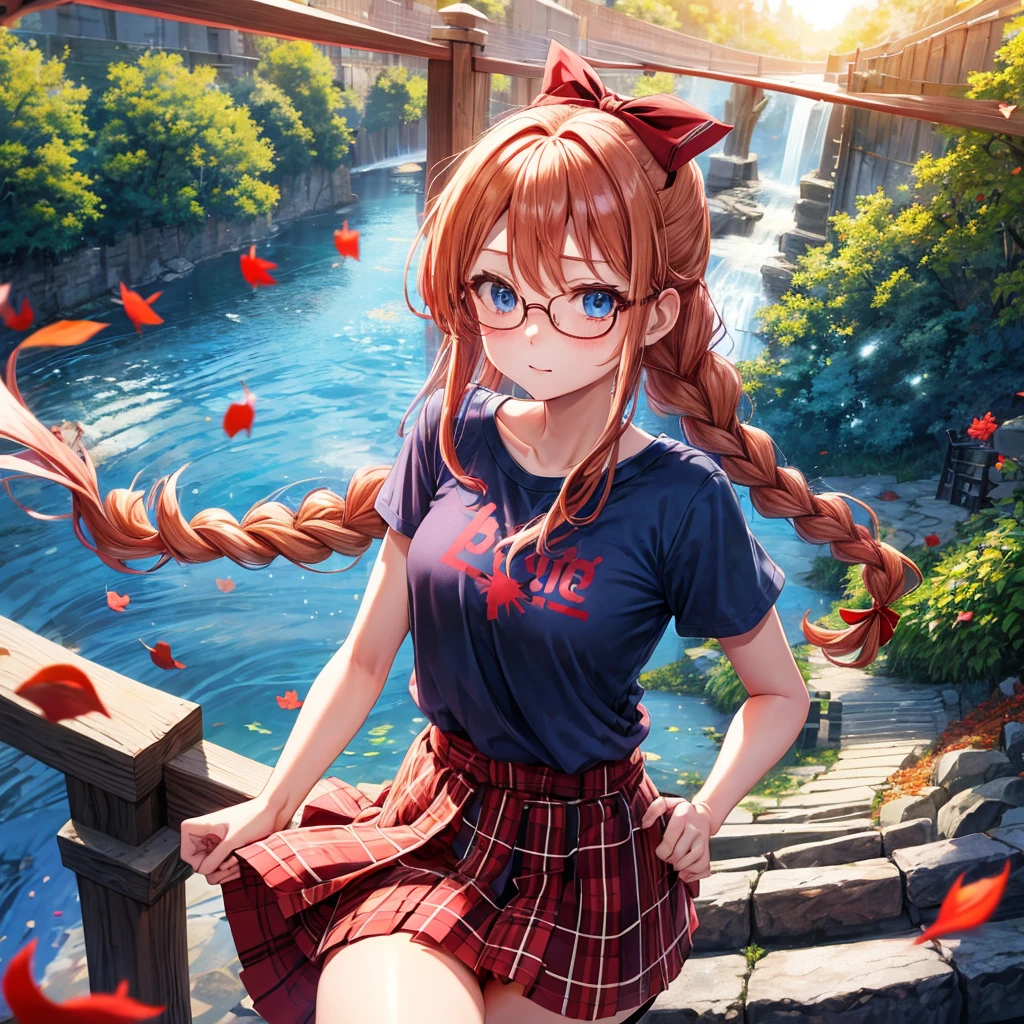 Red-blonde、blue hair、blue eyes、Braid、one good looking girl、solo、anime、Plaid miniskirt、camisole、black t-shirt、Tilting your face、Doing the ribbon、Ribbon at waist、sunset sky、stone stairs、petal、tunnel、Fallen leaves、wearing glasses、waterfall、contrail、pushing a pink bicycle